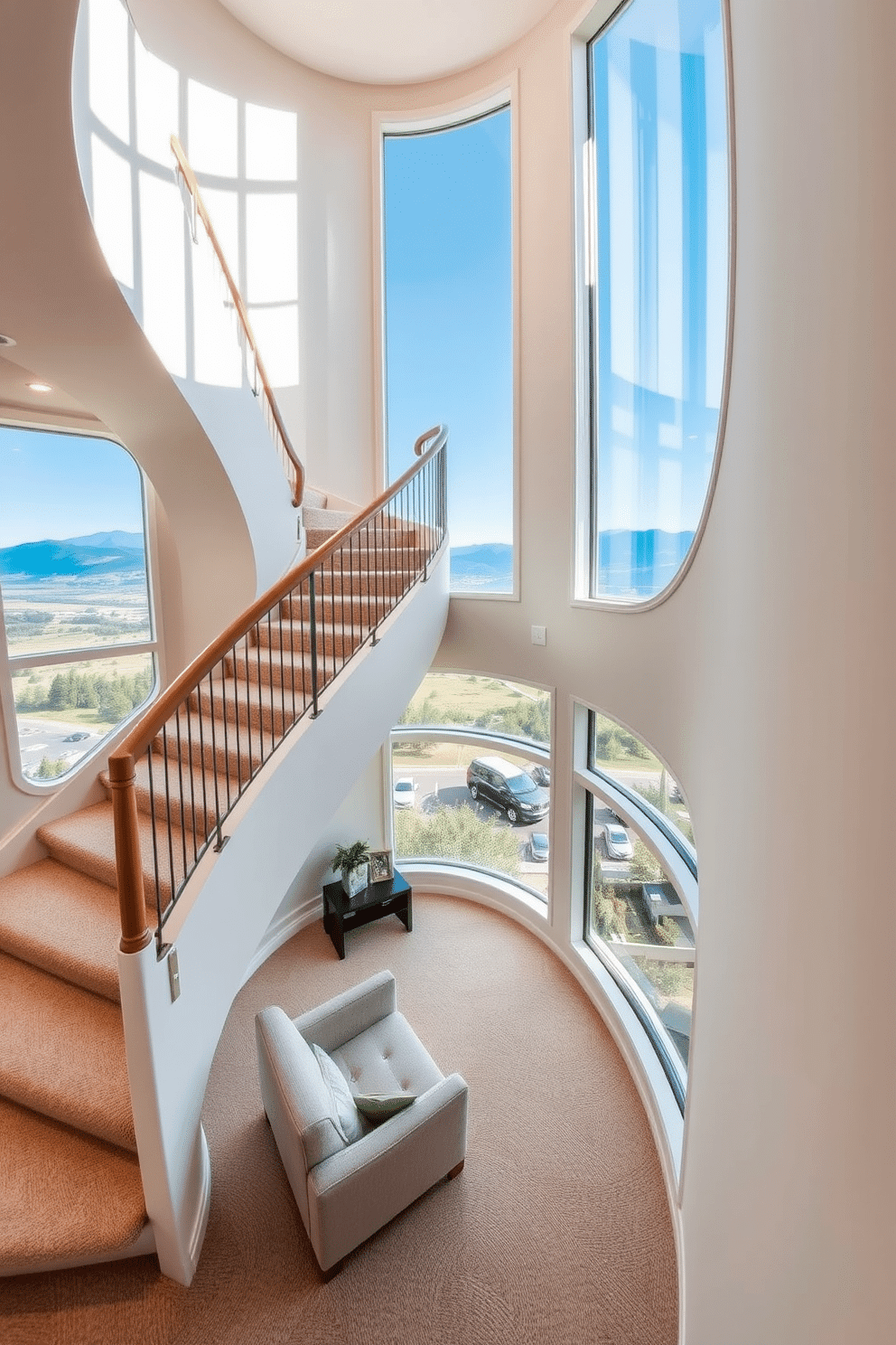 A stunning curved staircase elegantly spirals upwards, framed by a panoramic window that floods the space with natural light. The staircase features a sleek wooden handrail and soft, neutral carpeting that complements the airy atmosphere. Beneath the staircase, a cozy reading nook is created with a plush armchair and a small side table, inviting relaxation. The panoramic windows showcase breathtaking views of the surrounding landscape, enhancing the connection between the indoors and outdoors.