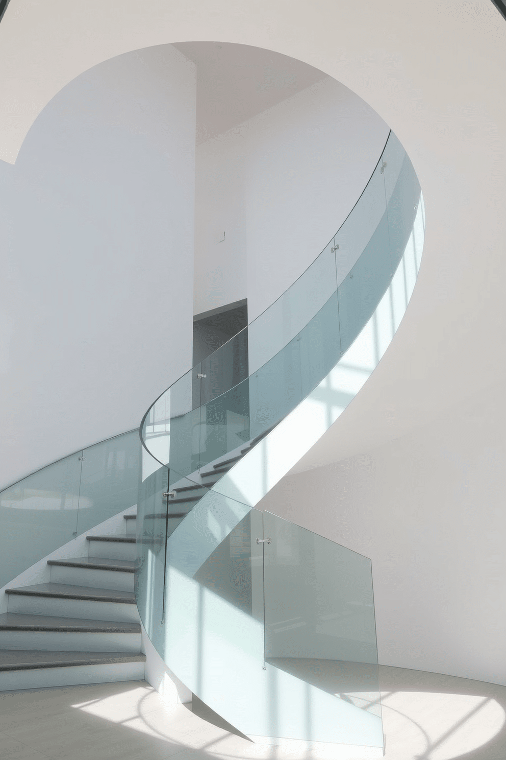 A modern curved staircase elegantly sweeps upward, featuring a sleek design that emphasizes fluid lines and open space. The railing is made of clear acrylic, allowing for an unobstructed view of the surrounding area while enhancing the staircase's contemporary aesthetic.