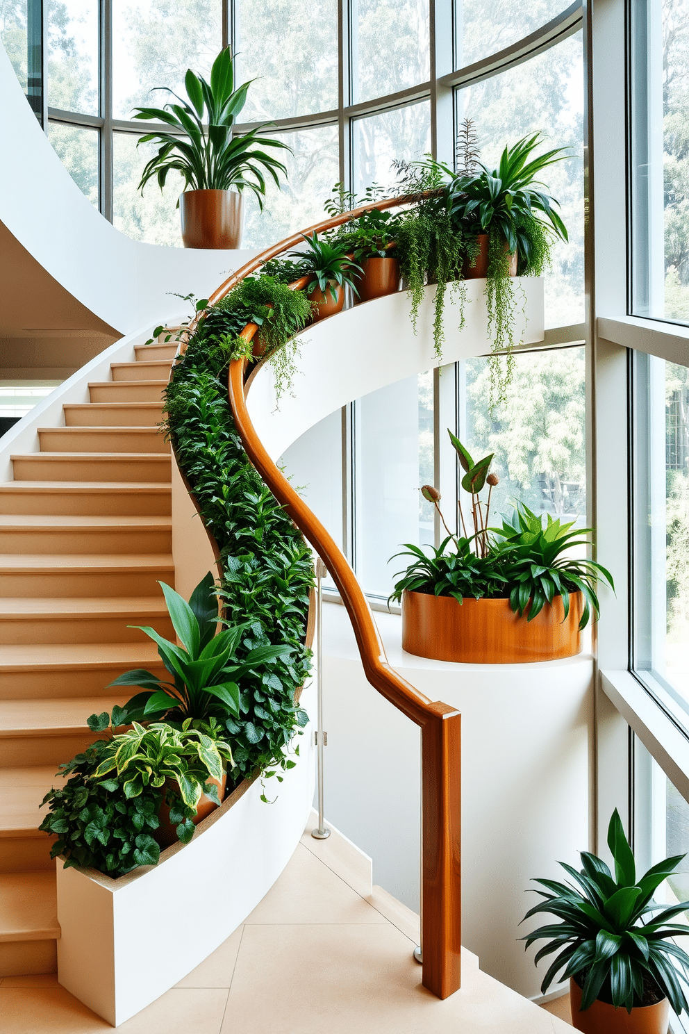 A stunning curved staircase features integrated planters that seamlessly blend with the design. The staircase is adorned with lush greenery, creating a natural flow that enhances the elegance of the space. The handrail is crafted from polished wood, complementing the soft curves of the staircase. Large windows nearby allow natural light to illuminate the plants, adding warmth and vibrancy to the overall aesthetic.