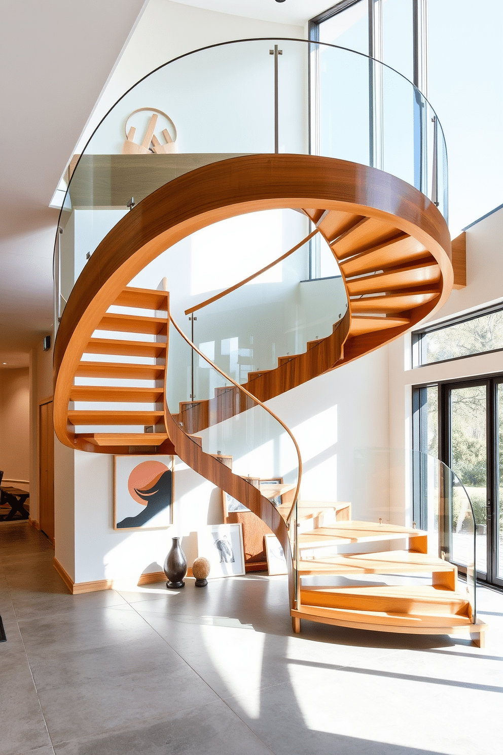 A stunning floating curved staircase with open risers elegantly ascends to the upper level, showcasing a seamless blend of modern design and functionality. The staircase features a sleek wooden finish, complemented by a glass balustrade that enhances the sense of openness and light in the space. Natural light floods the area, highlighting the graceful curves of the staircase and creating a warm, inviting atmosphere. Below, a minimalist entryway with a polished concrete floor and contemporary art pieces sets the tone for this sophisticated design.