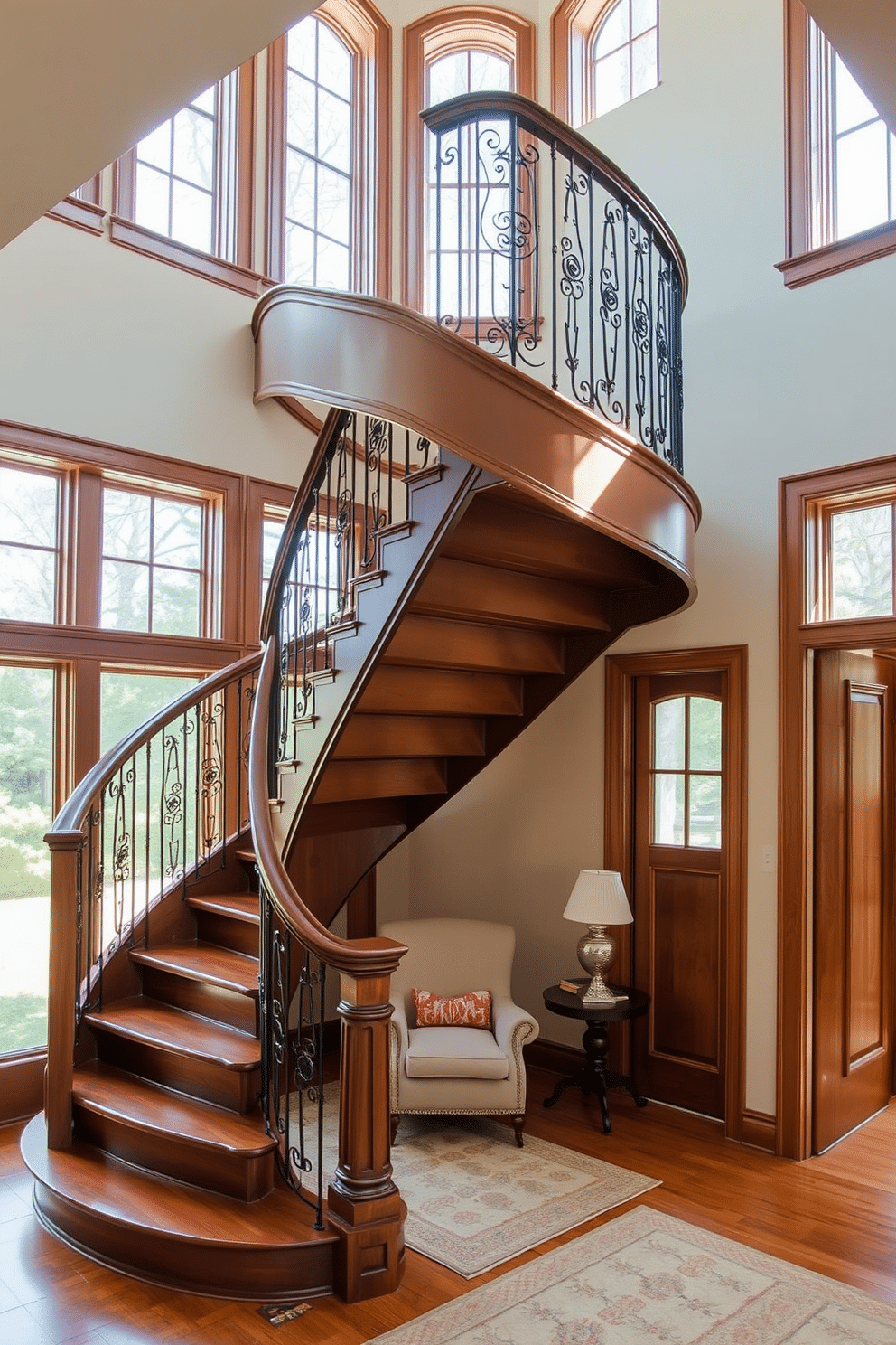 A classic curved staircase gracefully ascends, featuring an elegant wrought iron railing that adds a touch of sophistication. The staircase is finished in rich hardwood, contrasting beautifully with the soft, neutral tones of the surrounding walls. Beneath the staircase, a cozy reading nook is created with a plush armchair and a small side table, inviting relaxation. Large windows allow natural light to flood the space, highlighting the intricate details of the staircase design.