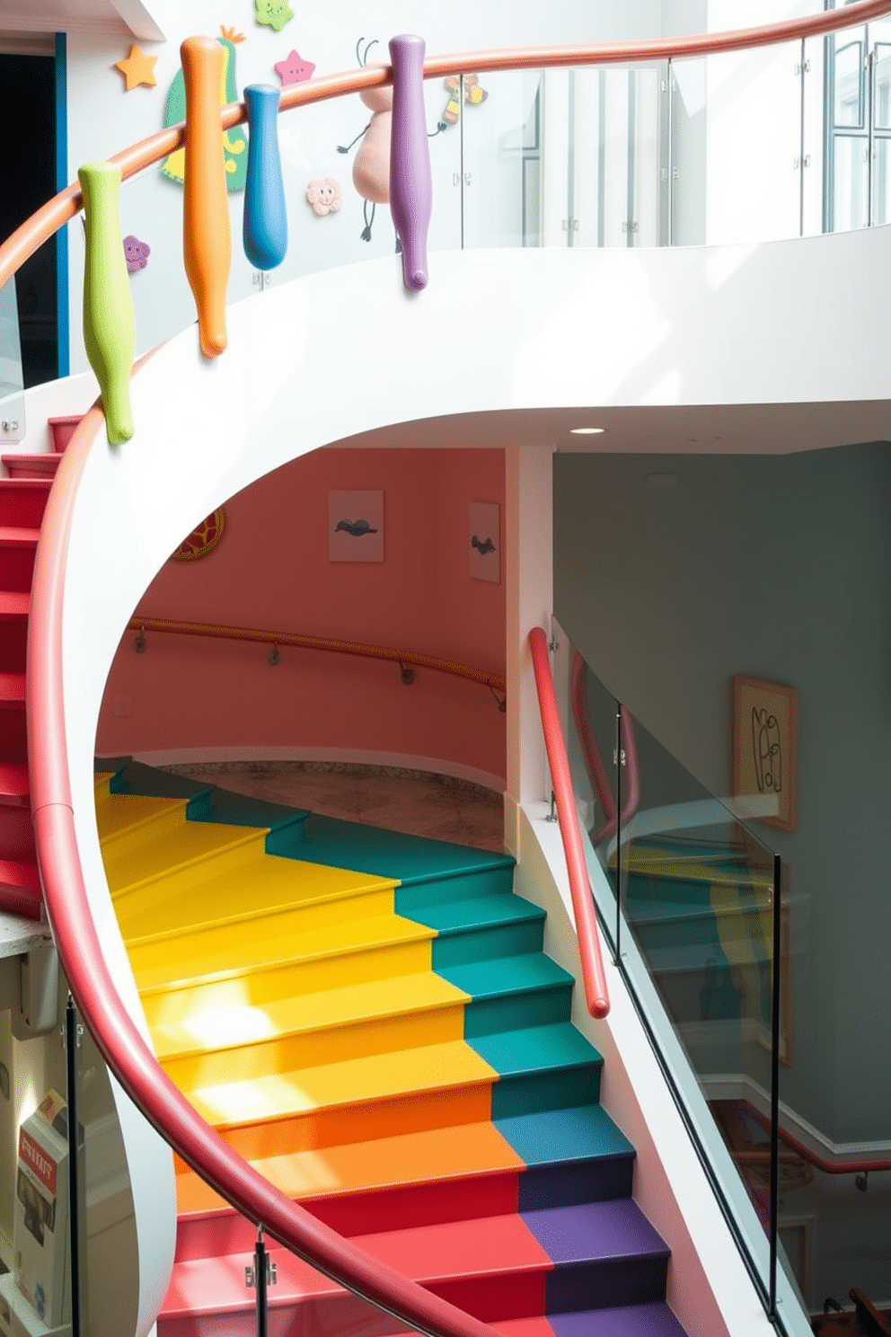 A whimsical staircase with playful design elements features a spiral structure adorned with colorful, oversized handrails and whimsical wall art. The steps are painted in a gradient of bright hues, creating a cheerful atmosphere that invites creativity and imagination. Curved staircase design ideas include elegant, flowing lines that seamlessly integrate with the surrounding architecture. The staircase is complemented by a glass balustrade, allowing natural light to filter through and enhance the airy feel of the space.