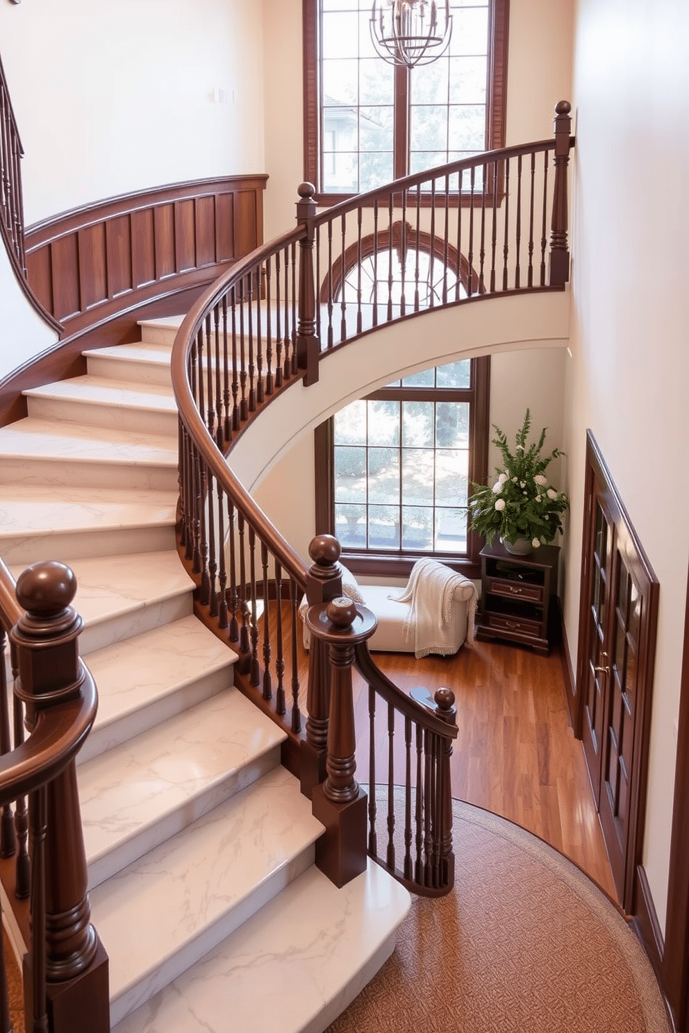 A stunning curved staircase gracefully ascends to the upper level, featuring elegant wooden railings and a polished marble base. At the landing, a cozy reading nook is nestled beside a large window, adorned with plush cushions and a soft throw blanket for ultimate comfort.