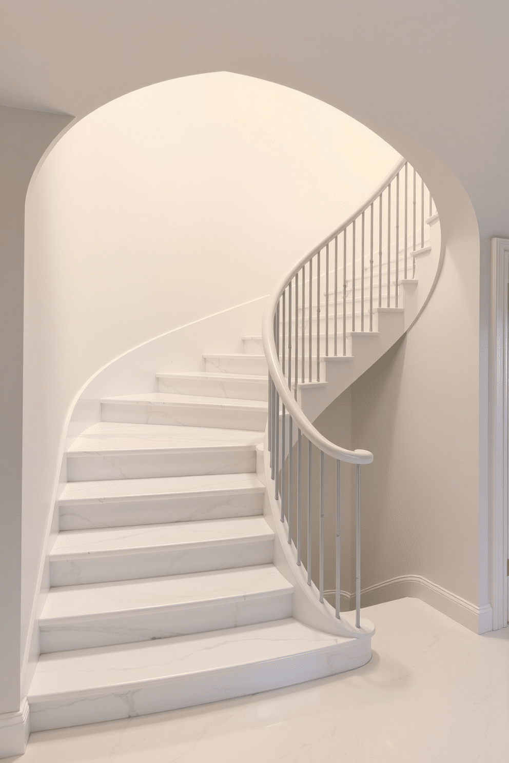 A sophisticated curved staircase with elegant marble accents winds gracefully upwards, featuring a sleek handrail that complements the overall design. The steps are crafted from polished white marble, adorned with subtle gray veining, creating a luxurious focal point in the foyer. Surrounding the staircase, the walls are painted in a soft, neutral tone, enhancing the brightness of the space. Soft, ambient lighting illuminates the staircase, highlighting its curves and the intricate details of the marble finish.