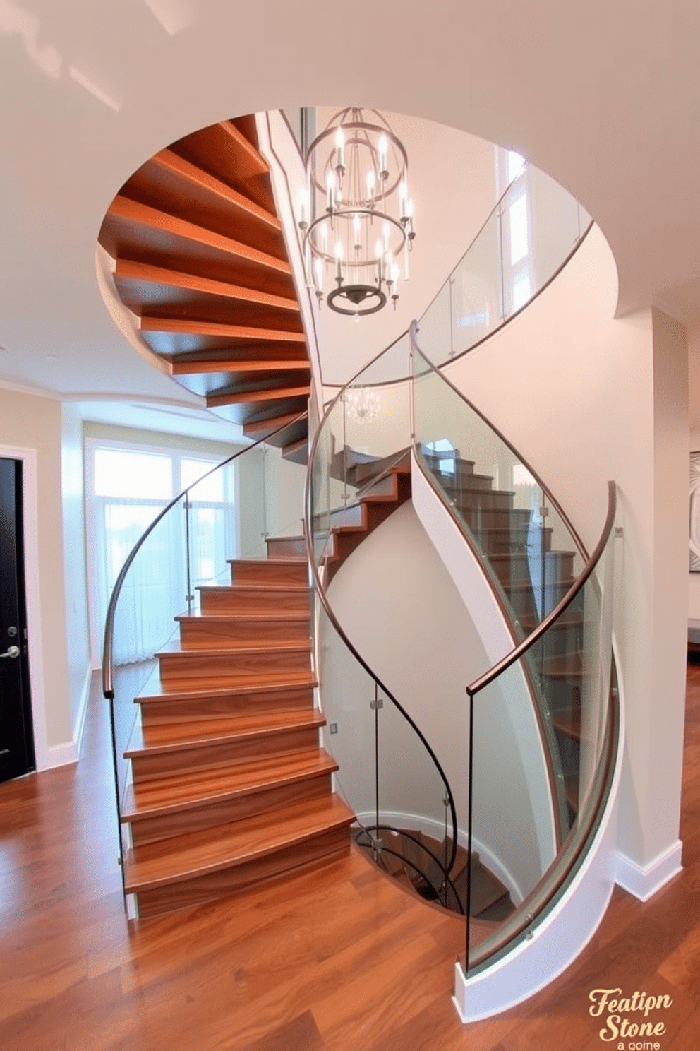 A stunning curved staircase with a unique spiral design features elegant wooden treads and a sleek glass railing that allows light to flow through the space. The staircase is illuminated by a modern chandelier, creating a striking focal point in the entryway with its graceful lines and sophisticated materials.