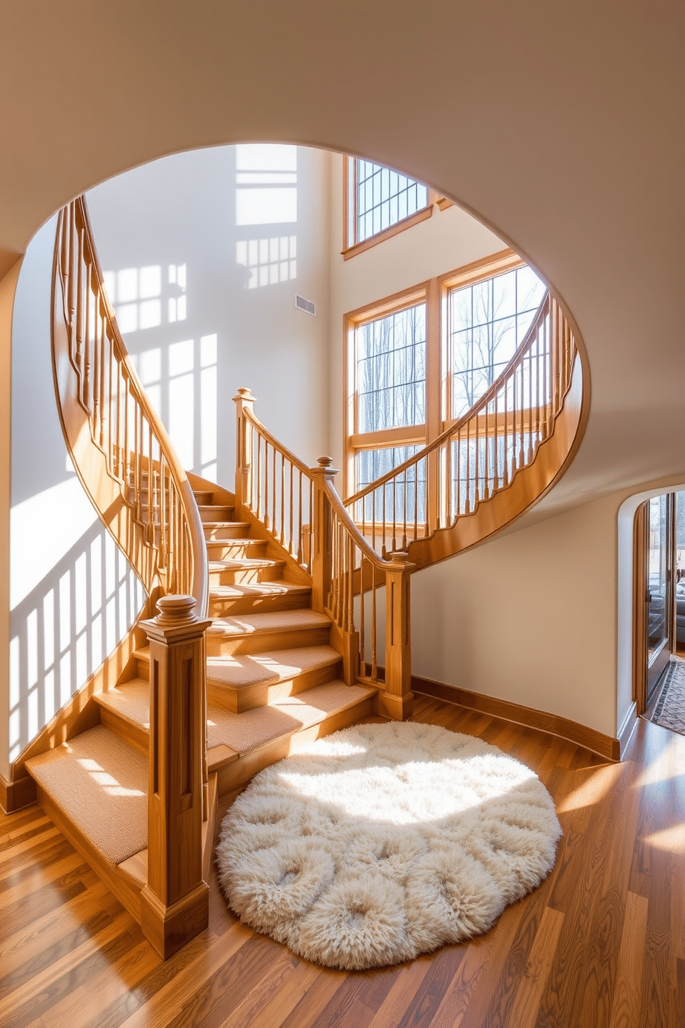 A stunning curved staircase with natural wood finishes gracefully winds its way to the upper level. The balustrades are crafted from polished wood, complementing the rich tones of the staircase, while soft, ambient lighting highlights the elegant curves. At the base of the staircase, a plush area rug adds warmth and texture to the space. Large windows nearby allow natural light to flood in, casting beautiful shadows across the wood and enhancing the inviting atmosphere.