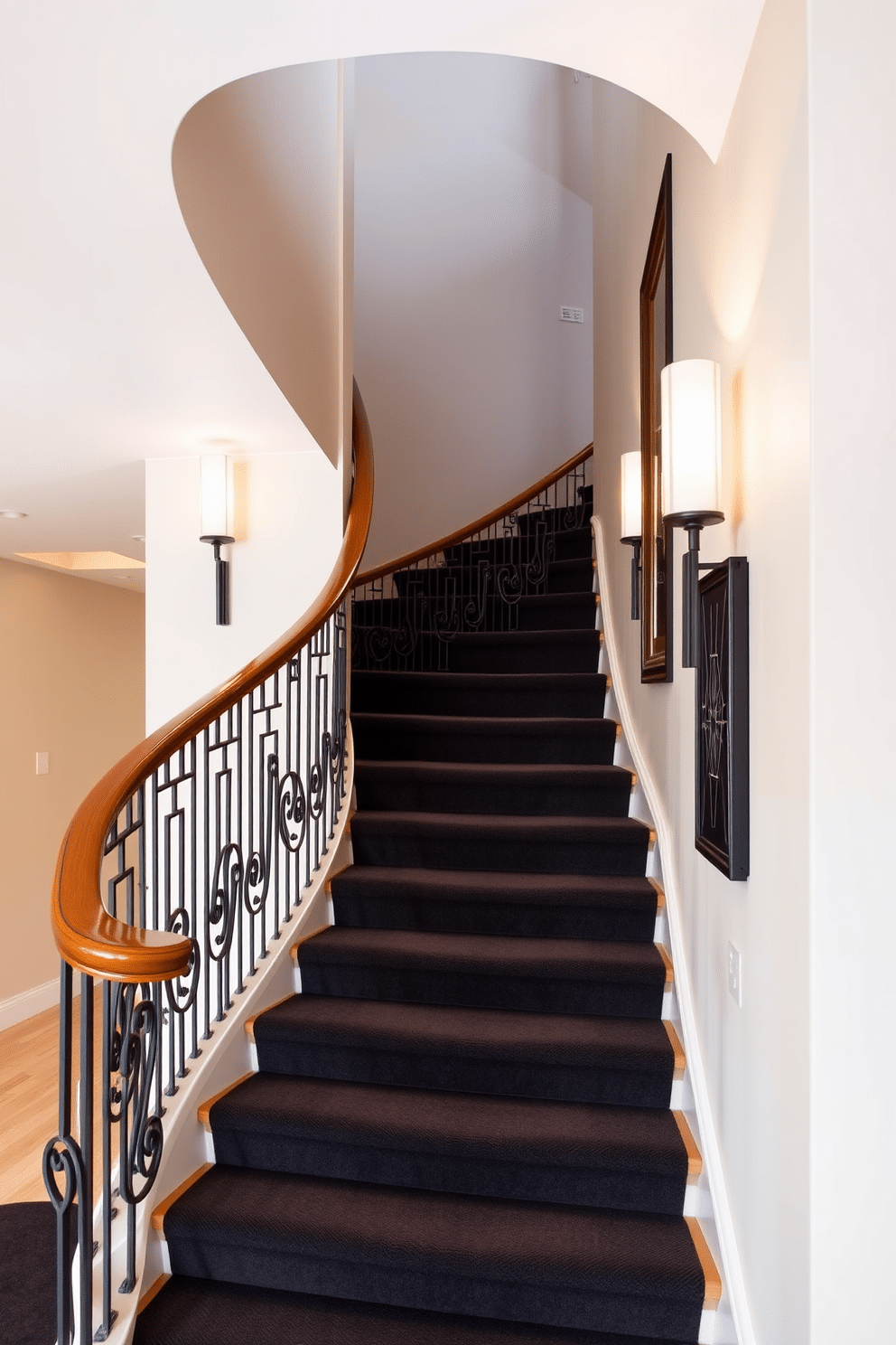 Art deco inspired curved staircase with bold lines. The staircase features a sleek, polished wood handrail and is flanked by intricate geometric metal balusters. The steps are covered in a rich, dark carpet that contrasts beautifully with the light-colored walls. Elegant lighting fixtures are mounted along the staircase, casting a warm glow that highlights the bold architectural details.