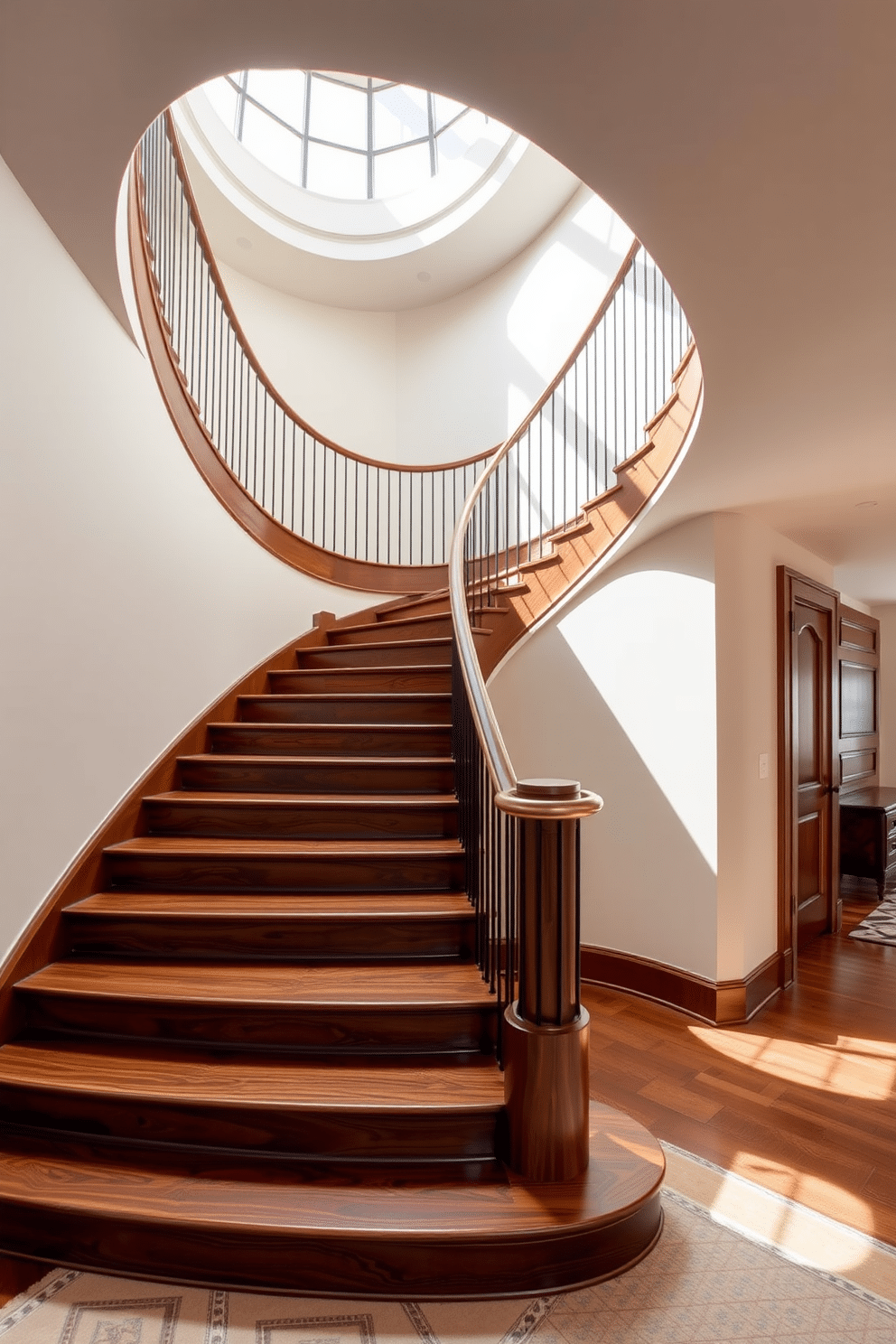 A stunning curved staircase features steps in a rich walnut finish, contrasting beautifully with the soft ivory walls surrounding it. The elegant handrail, crafted from brushed brass, adds a touch of sophistication as it gracefully follows the curve of the staircase. Natural light floods the space through a large skylight above, highlighting the intricate details of the woodwork. At the base of the staircase, a plush area rug in muted tones anchors the design, creating a warm and inviting atmosphere.