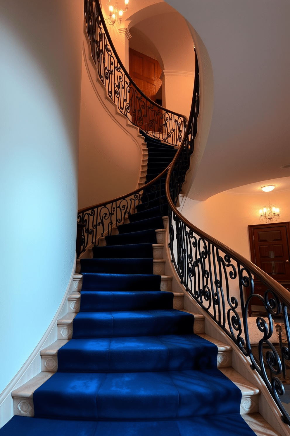 A luxurious curved staircase gracefully sweeps upward, featuring a rich, deep blue velvet runner that adds a touch of elegance. The staircase is surrounded by intricate wrought iron balusters, and the walls are adorned with soft, ambient lighting that highlights the architectural beauty of the curve.