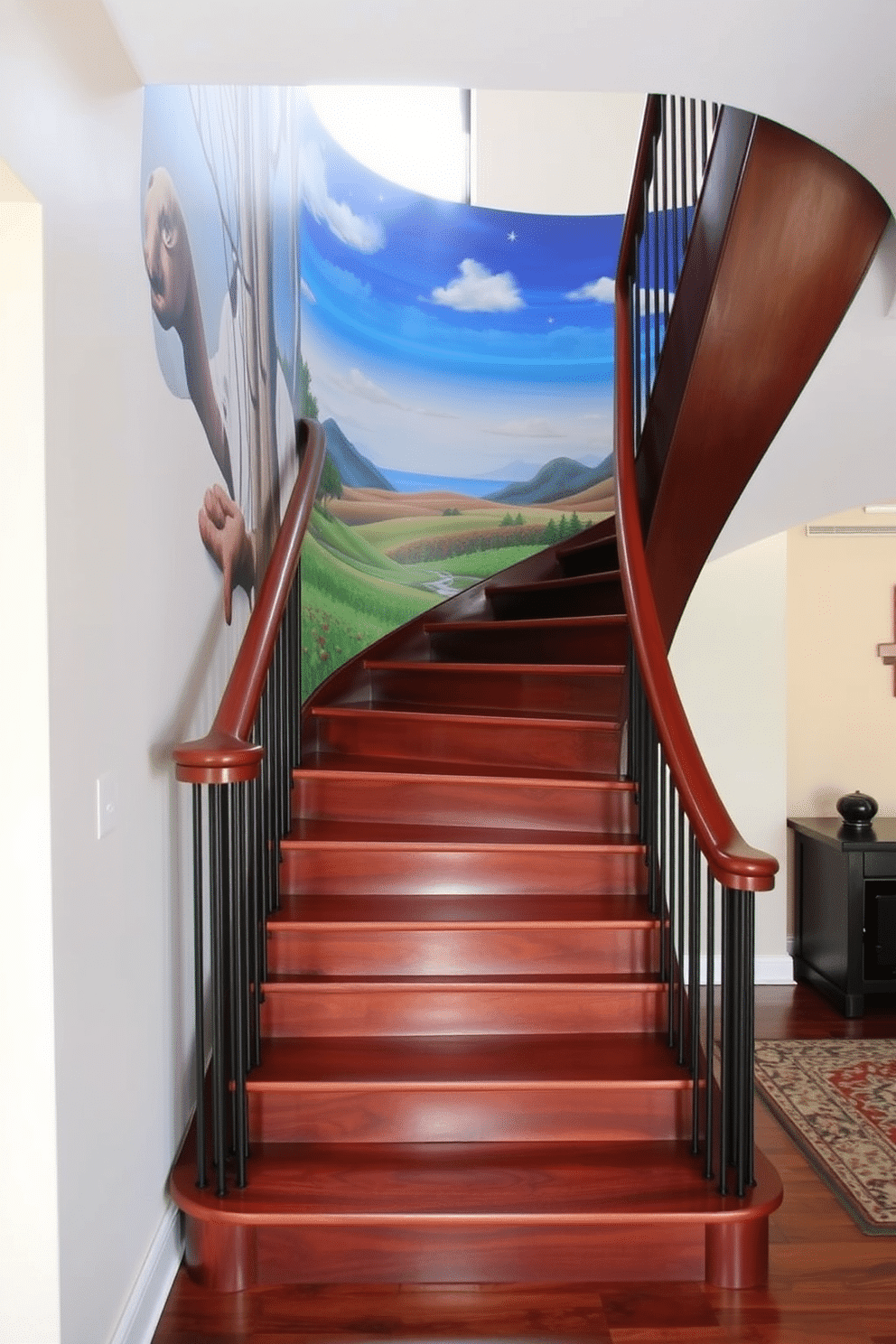 A stunning curved staircase elegantly sweeps upwards, its smooth wooden steps showcasing a rich mahogany finish. The wall beside the staircase features a vibrant artistic mural, depicting a serene landscape that adds a touch of whimsy and creativity to the space.