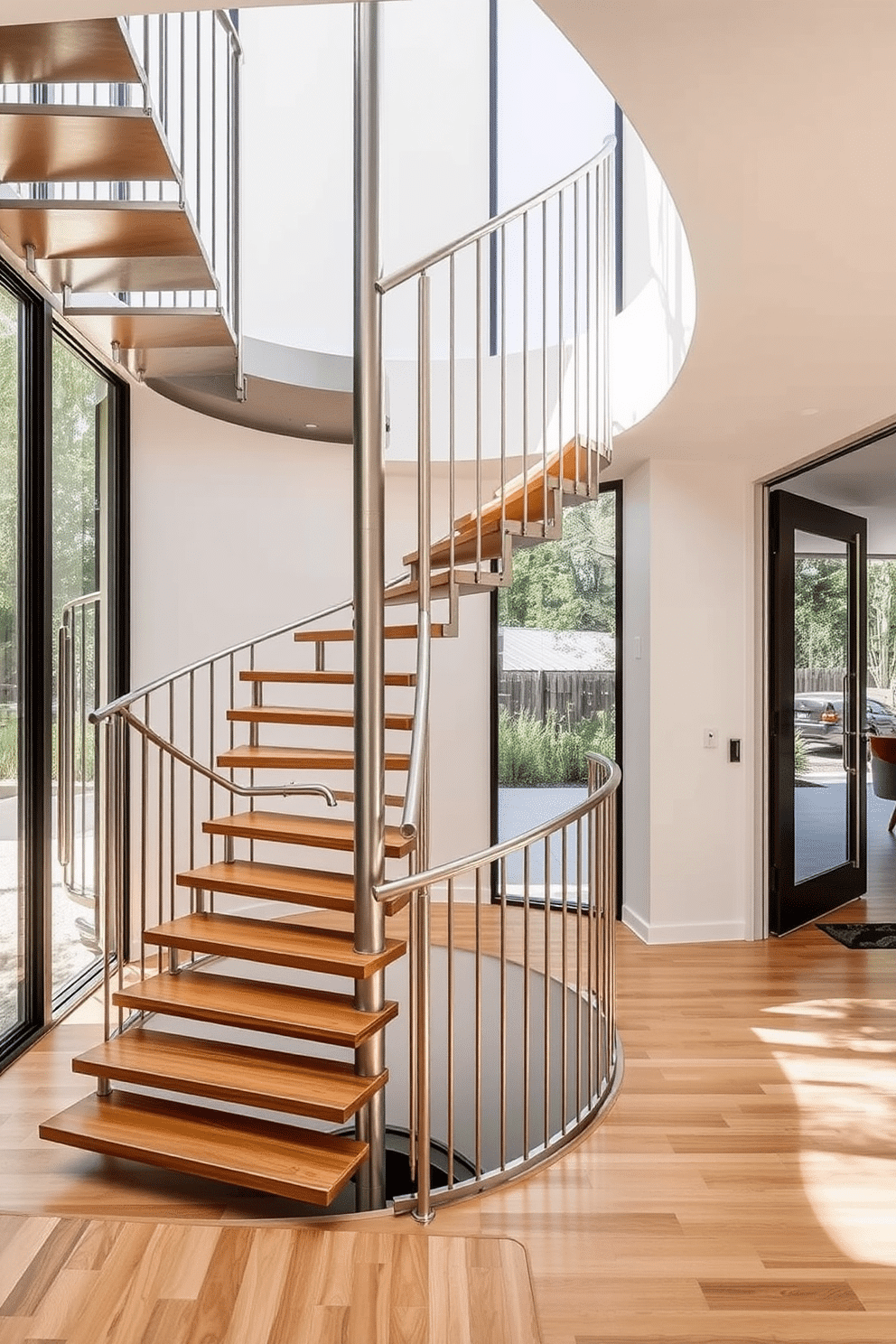 A sleek metal spiral staircase in a modern style ascends gracefully, featuring a minimalist design with clean lines and a polished finish. The staircase is surrounded by large glass panels that allow natural light to flood the space, enhancing the contemporary aesthetic. Curved staircase design ideas showcase a seamless blend of elegance and functionality, with soft, sweeping lines that invite movement. The staircase is crafted from warm wood, complemented by sleek metal railings, creating a stunning focal point in the entryway.