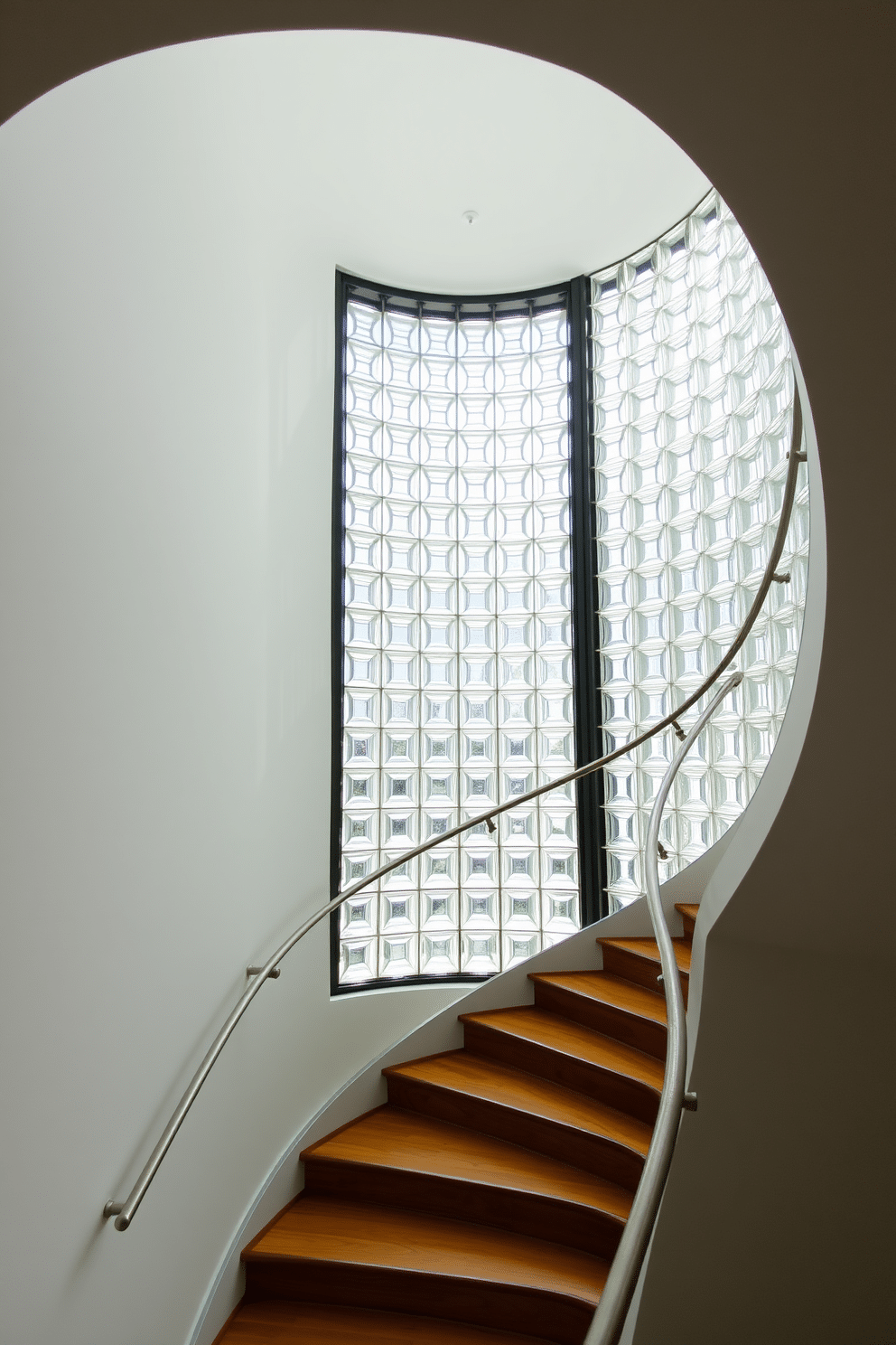 An elegant curved staircase gracefully ascends, featuring a sleek glass block wall that allows natural light to filter through, creating a bright and airy atmosphere. The staircase is adorned with polished wooden steps and a minimalist metal railing, enhancing its modern aesthetic.