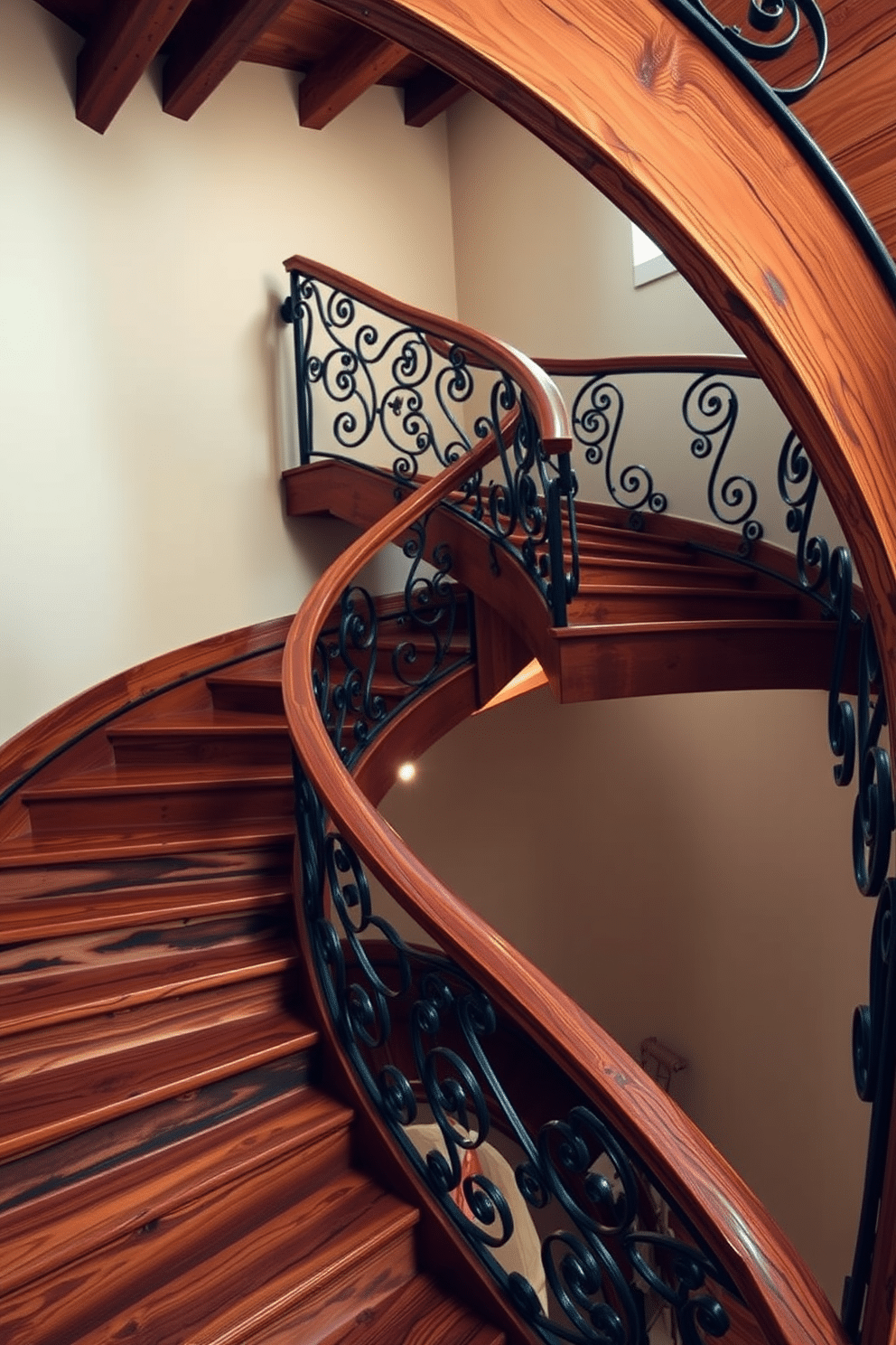 A rustic wooden curved staircase gracefully ascends, its rich tones enhancing the warmth of the surrounding space. Iron accents intertwine with the wood, adding an industrial touch that complements the natural elements. The staircase features intricately designed railings that provide both safety and style, emphasizing the craftsmanship involved. Soft lighting highlights the curves of the staircase, creating an inviting atmosphere that draws the eye upward.