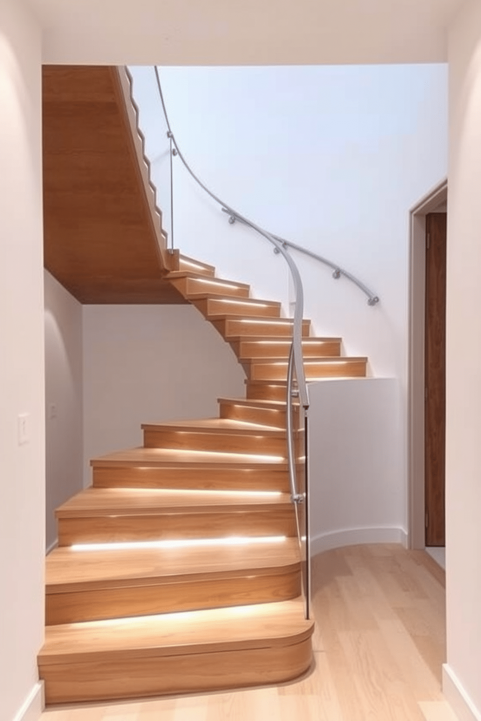 A minimalist curved staircase gracefully ascends with sleek lines and a smooth finish. LED lighting embedded along the staircase illuminates the steps, creating a warm and inviting atmosphere. The staircase features a seamless blend of wood and glass, enhancing its modern aesthetic. The surrounding walls are painted in a soft white, allowing the staircase to be the focal point of the space.