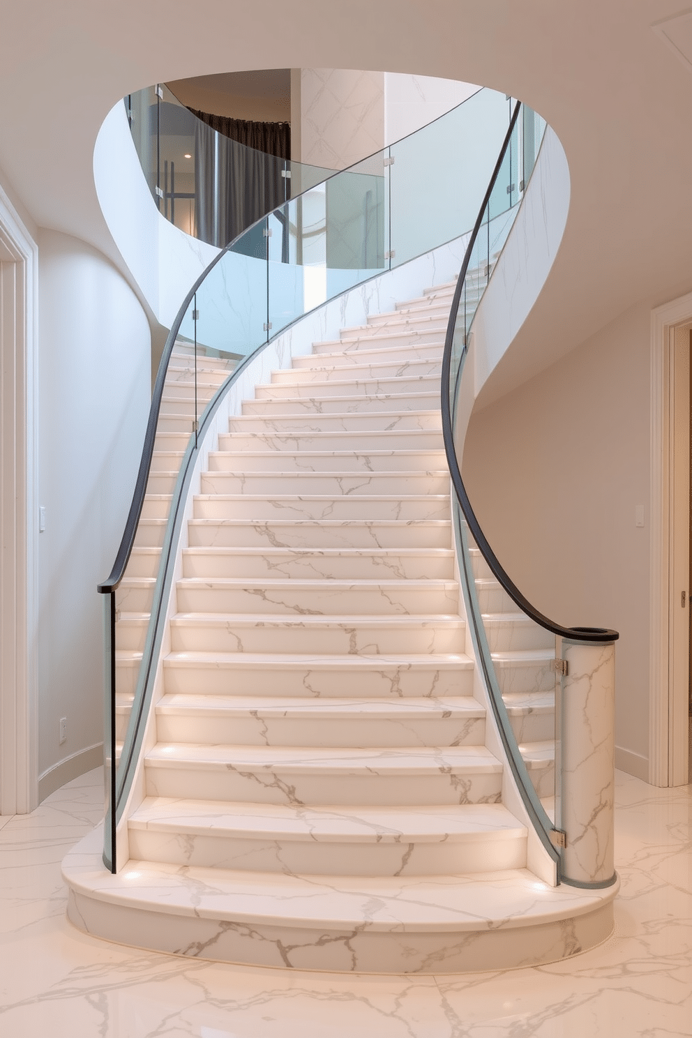 A luxurious marble curved staircase gracefully ascends, featuring a sleek glass balustrade that enhances its elegance. The staircase is illuminated by soft, ambient lighting, highlighting the intricate veining of the marble and creating a stunning focal point in the entryway.