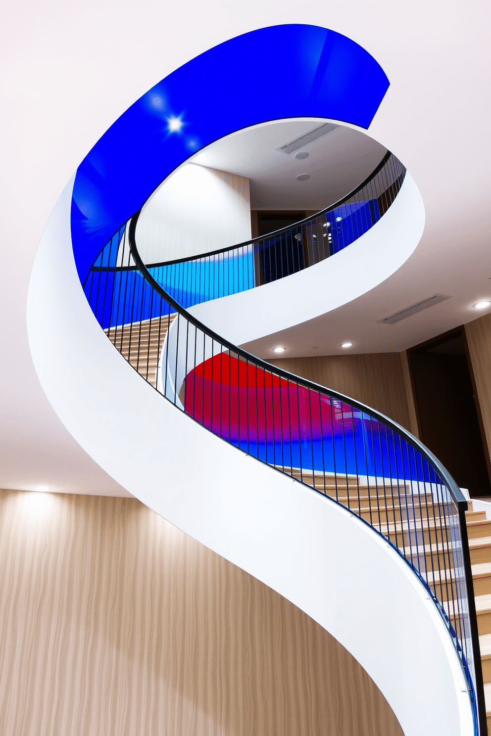 A contemporary curved staircase features smooth, sweeping lines that create a sense of elegance and flow. Bold color accents, such as vibrant blue or deep red, are strategically placed on the railing and steps, adding a striking contrast against the neutral backdrop. The staircase is illuminated by sleek, modern lighting fixtures that highlight its architectural beauty. A minimalist design approach is complemented by a polished wood or glass finish, enhancing the overall sophistication of the space.