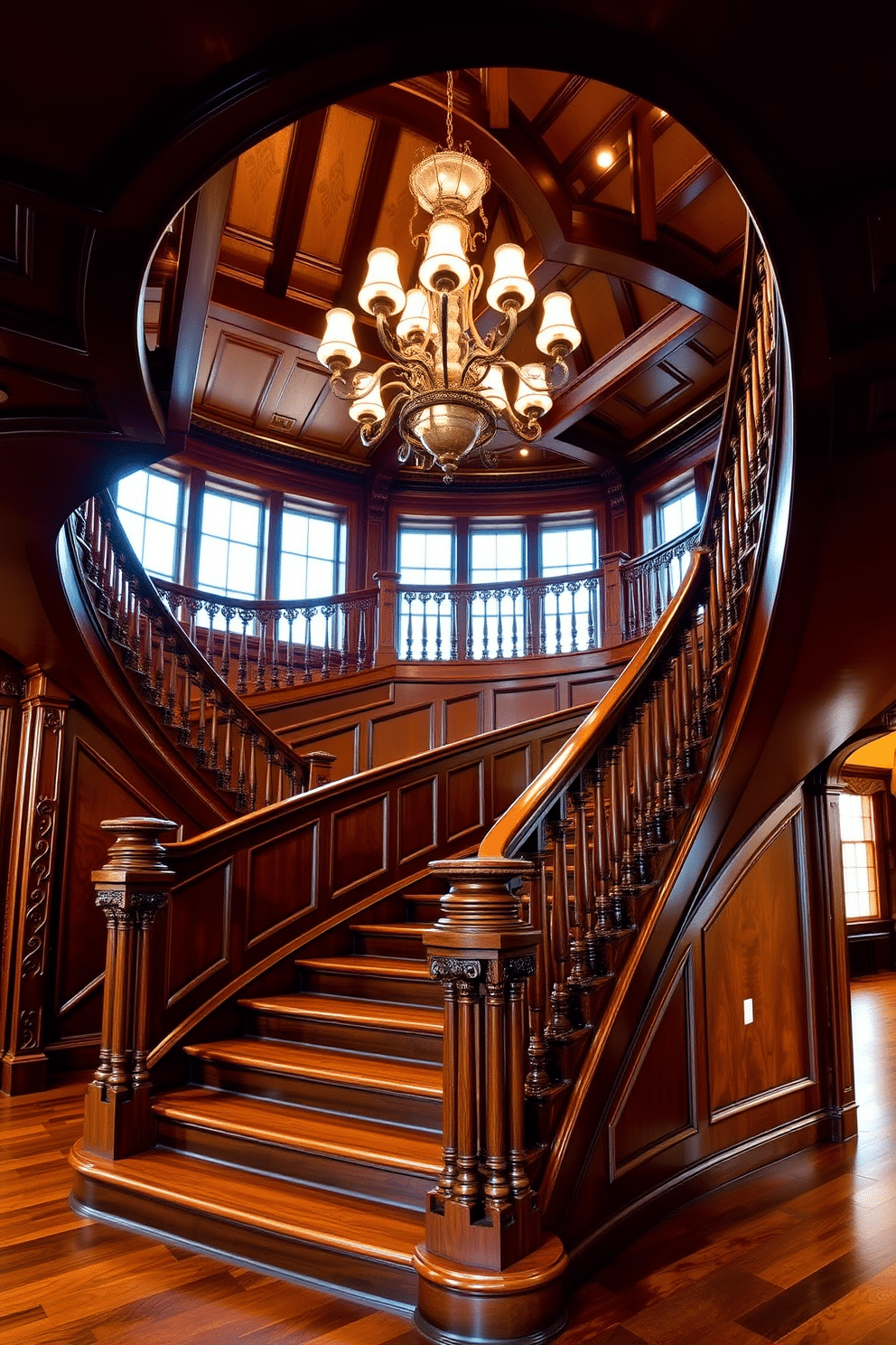 A grand traditional wooden staircase curves gracefully, showcasing intricate carvings along its balustrades and newel posts. The rich mahogany finish gleams under the warm glow of a chandelier hanging above, illuminating the elegant design.