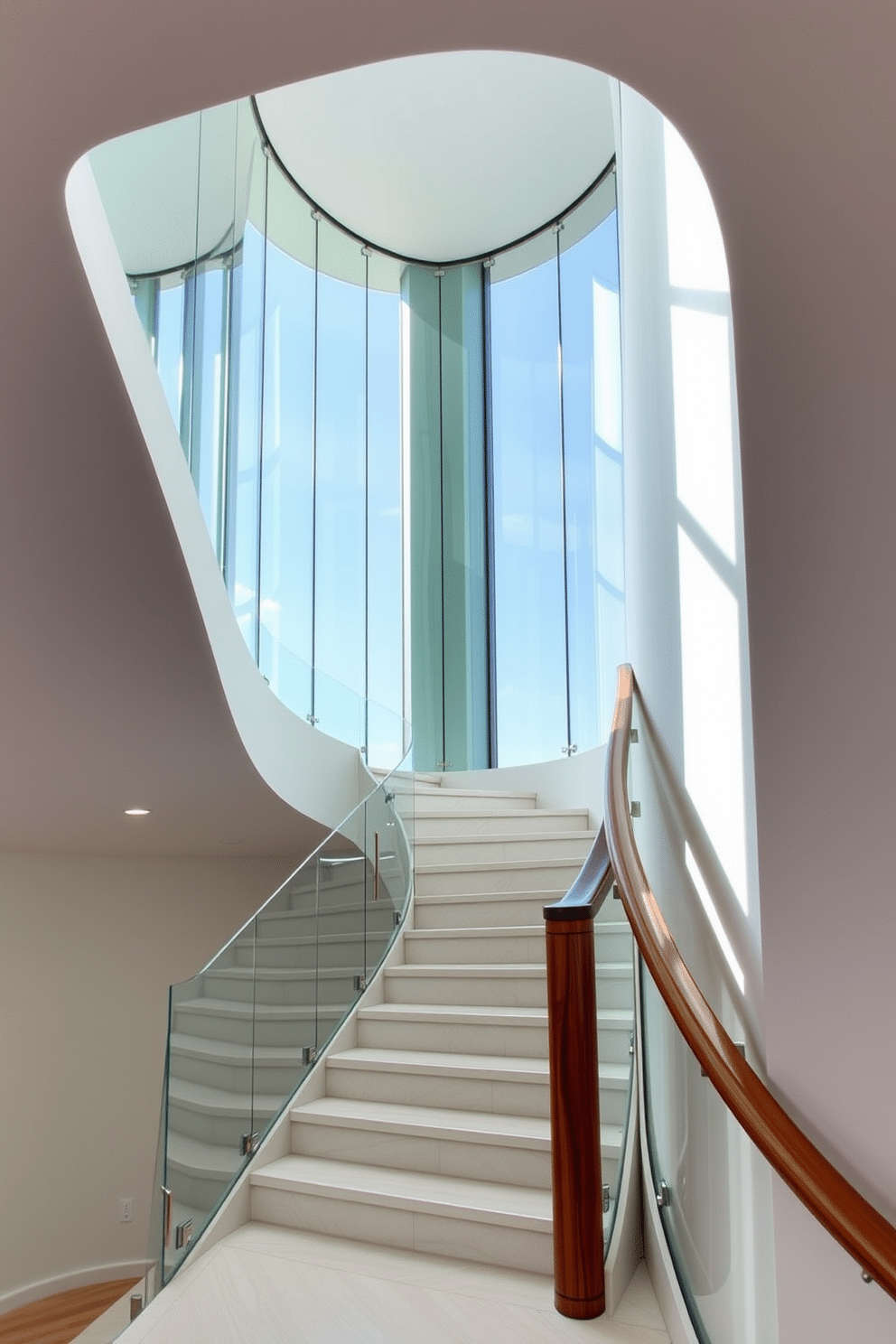 A stunning open-concept curved staircase gracefully ascends, featuring sleek glass walls that allow natural light to flood the space. The staircase is adorned with a polished wooden handrail, contrasting beautifully with the transparent glass panels, creating an airy and modern aesthetic.