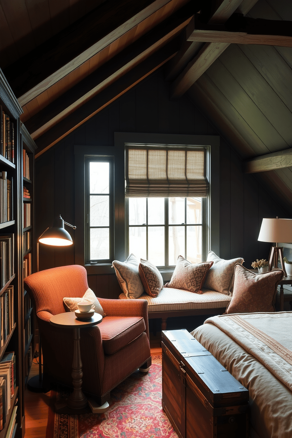 Create a cozy reading nook featuring dark wood accents, with a plush armchair upholstered in rich, textured fabric. A small side table holds a steaming cup of tea, and a floor lamp with a warm glow illuminates the space, while bookshelves filled with novels line the walls. Design an inviting attic room that maximizes space with sloped ceilings and exposed beams. Incorporate a blend of rustic and modern elements, such as a comfortable bed with layered bedding, a vintage trunk at the foot, and a window seat adorned with cushions, offering a perfect view of the surroundings.