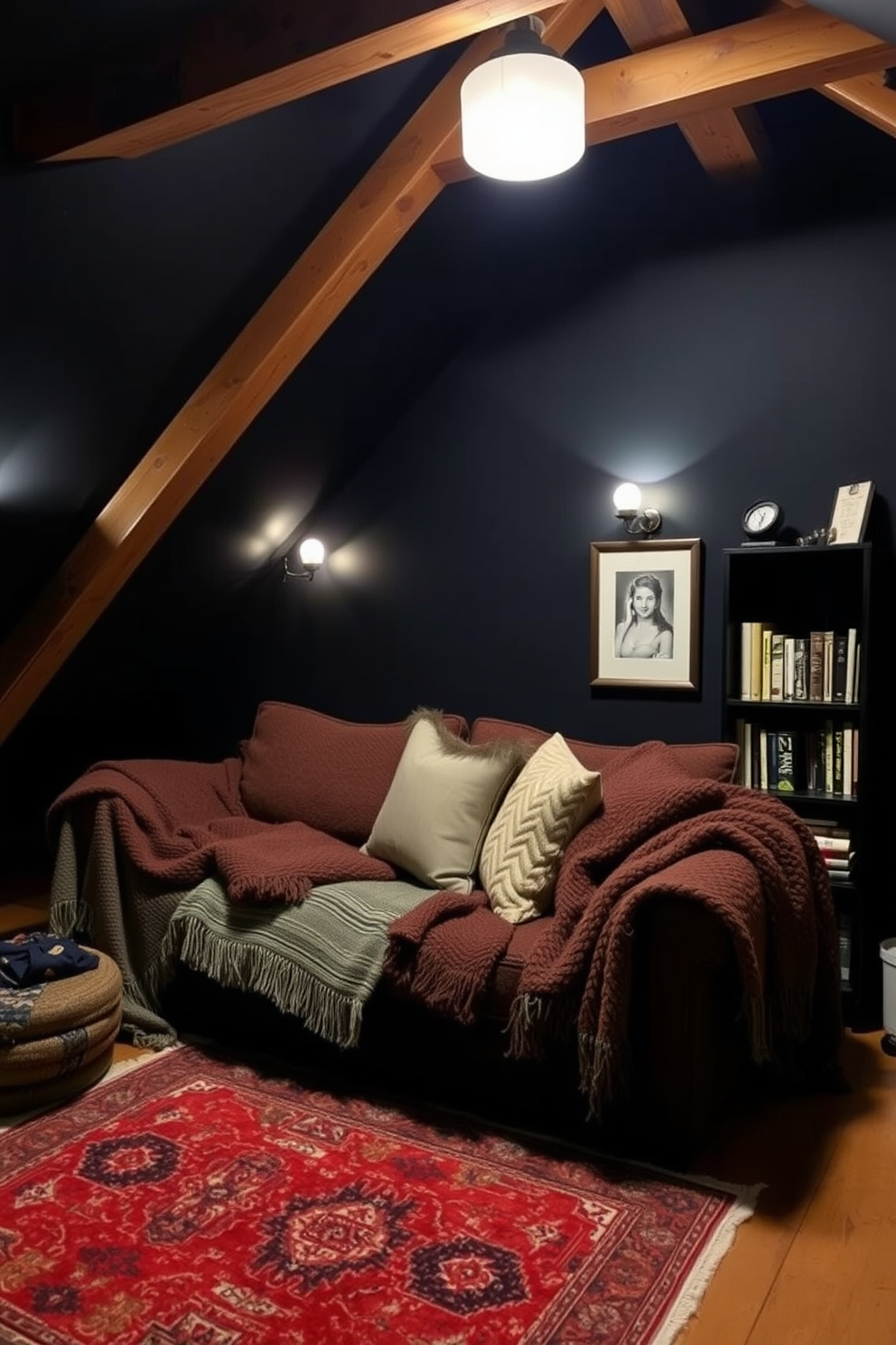 A cozy dark attic room features rich, textured throws and cushions scattered across a plush sofa, inviting relaxation. The walls are painted in deep charcoal, complemented by warm wood beams that add character and warmth to the space. Soft ambient lighting emanates from stylish sconces, casting a gentle glow that highlights the room's eclectic decor. A vintage rug anchors the seating area, while a small bookshelf filled with curated books and personal mementos adds a touch of personality.