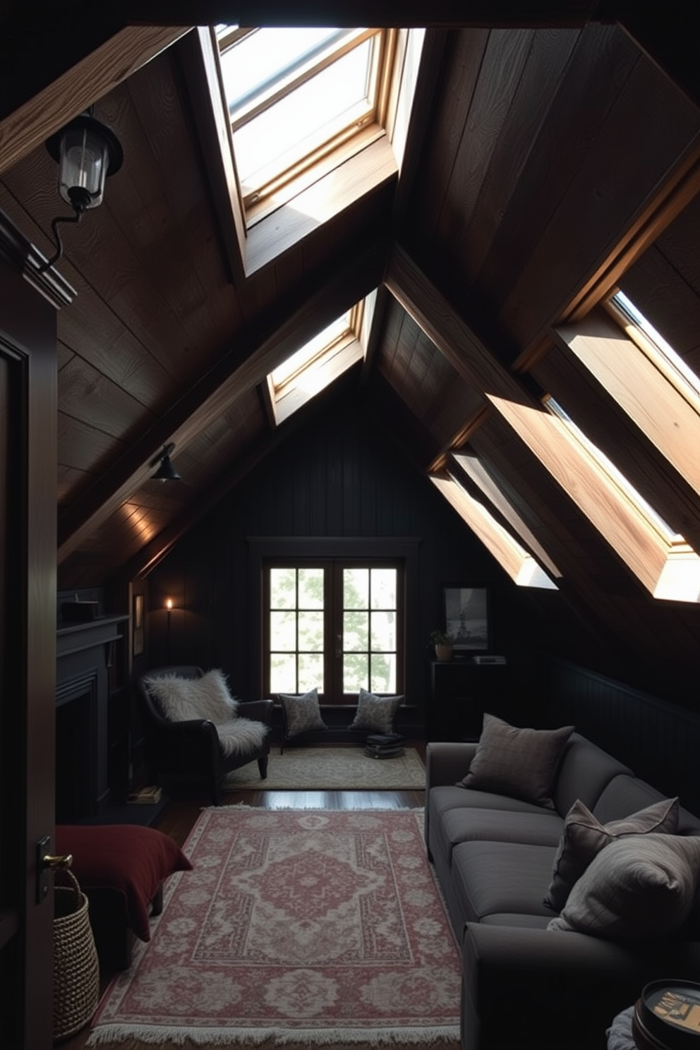 A dark attic room with exposed wooden beams and a cozy atmosphere. Skylights are strategically placed to flood the space with natural light, highlighting the rich textures of the dark wood and soft furnishings. The walls are painted in a deep charcoal color, creating an intimate and inviting feel. Plush seating, layered rugs, and warm lighting fixtures enhance the comfort of this unique retreat.