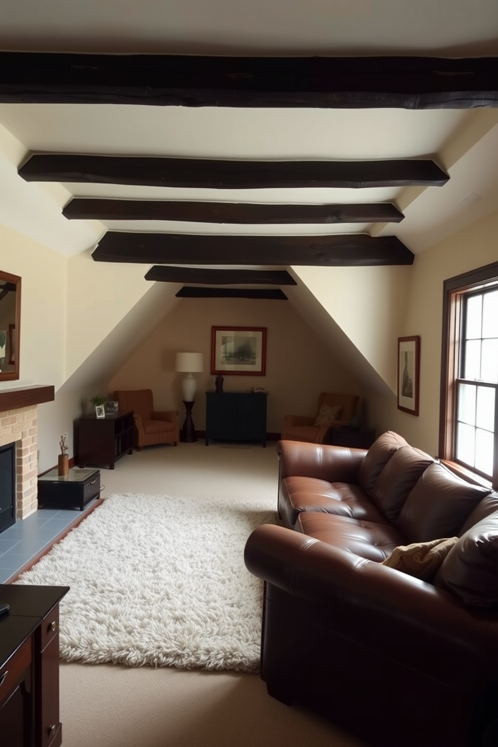 A cozy attic room featuring dark wood beams that add rustic charm to the space. The walls are painted in a soft beige, contrasting beautifully with the rich tones of the beams, while a plush area rug anchors the seating area. A comfortable seating arrangement includes a vintage leather sofa and a couple of oversized armchairs, perfect for relaxation. Large windows allow natural light to flood the room, highlighting the warm textures and inviting atmosphere.