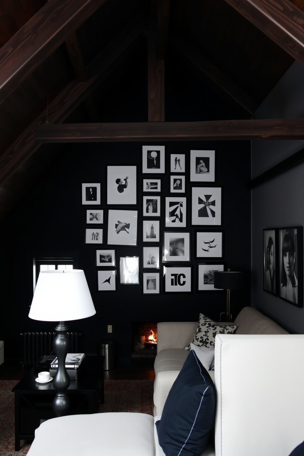 A gallery wall adorned with framed black-and-white art creates a striking focal point in the room. The frames vary in size and style, arranged in an eclectic yet harmonious layout against a crisp white wall. The dark attic room features sloped ceilings and exposed wooden beams that add character and warmth. Soft, ambient lighting illuminates cozy seating areas, while rich, dark colors on the walls create an intimate and inviting atmosphere.