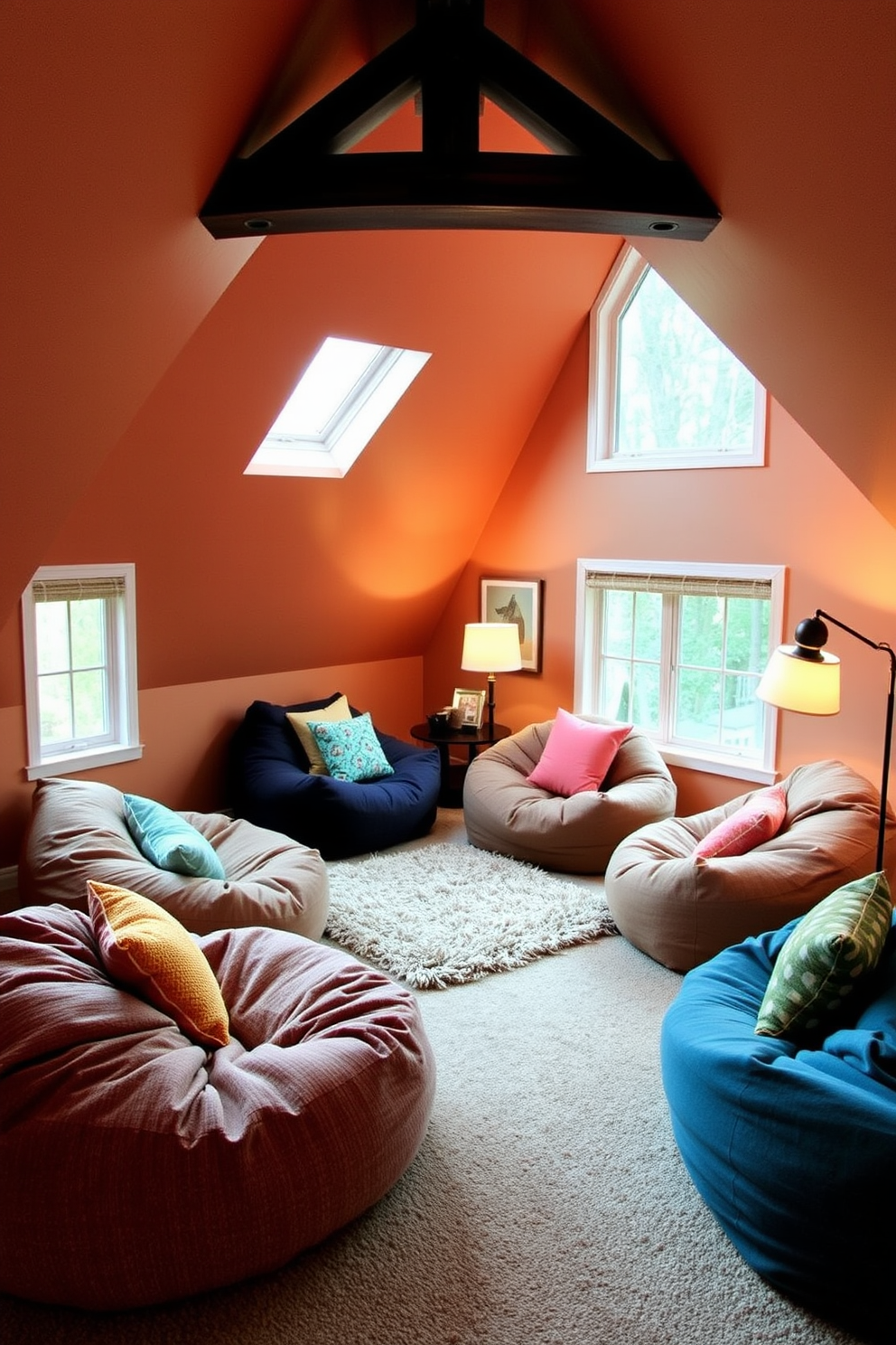 A cozy attic room features oversized bean bags in soft, textured fabrics, creating a relaxed and inviting seating area. The walls are painted in a warm, muted tone, while large windows allow natural light to flood the space, highlighting the unique architectural details of the sloped ceiling. Incorporate playful accents like colorful throw pillows and a plush area rug to enhance comfort and style. Soft ambient lighting from stylish floor lamps adds to the room's charm, making it the perfect retreat for lounging or reading.