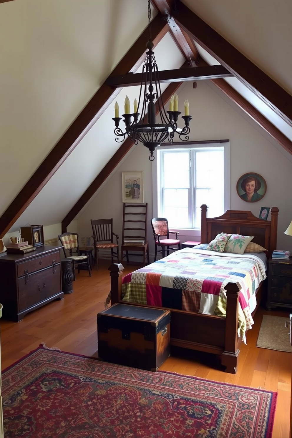 A cozy attic room filled with vintage finds, featuring a reclaimed wood bed frame adorned with a patchwork quilt. Antique trunks serve as bedside tables, while a collection of mismatched chairs creates an inviting reading nook by the window. The walls are painted in a soft cream color, and exposed wooden beams add character to the space. A vintage chandelier hangs from the ceiling, casting a warm glow over the room, complemented by a colorful area rug that ties the design together.