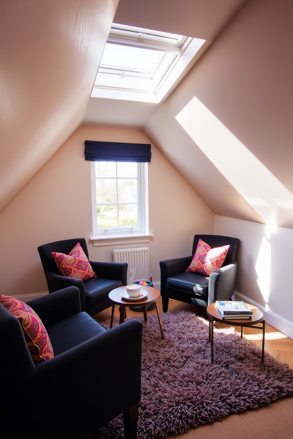 A cozy attic room features dark accent chairs adorned with vibrant, colorful pillows that add a pop of personality to the space. The walls are painted in a soft, neutral tone, while sloped ceilings enhance the intimate atmosphere, creating a perfect reading nook by the window. Natural light streams through a skylight, illuminating a plush area rug that complements the dark chairs. A small side table holds a stack of books and a steaming mug, inviting relaxation and comfort in this stylish retreat.