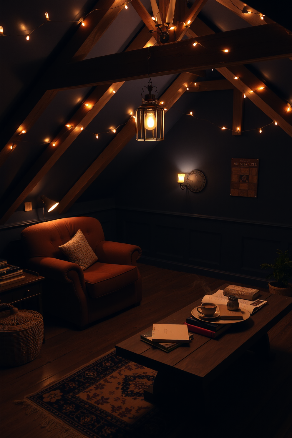 A cozy dark attic room filled with mood lighting, featuring warm fairy lights draped along the exposed beams of the ceiling. The walls are painted a deep navy blue, and a plush, oversized armchair sits in the corner, illuminated by a stylish wall sconce that casts a soft glow. In the center of the room, a rustic wooden table holds an assortment of books and a steaming cup of tea. A vintage rug with intricate patterns adds warmth to the wooden floor, while a small potted plant brings a touch of greenery to the inviting space.