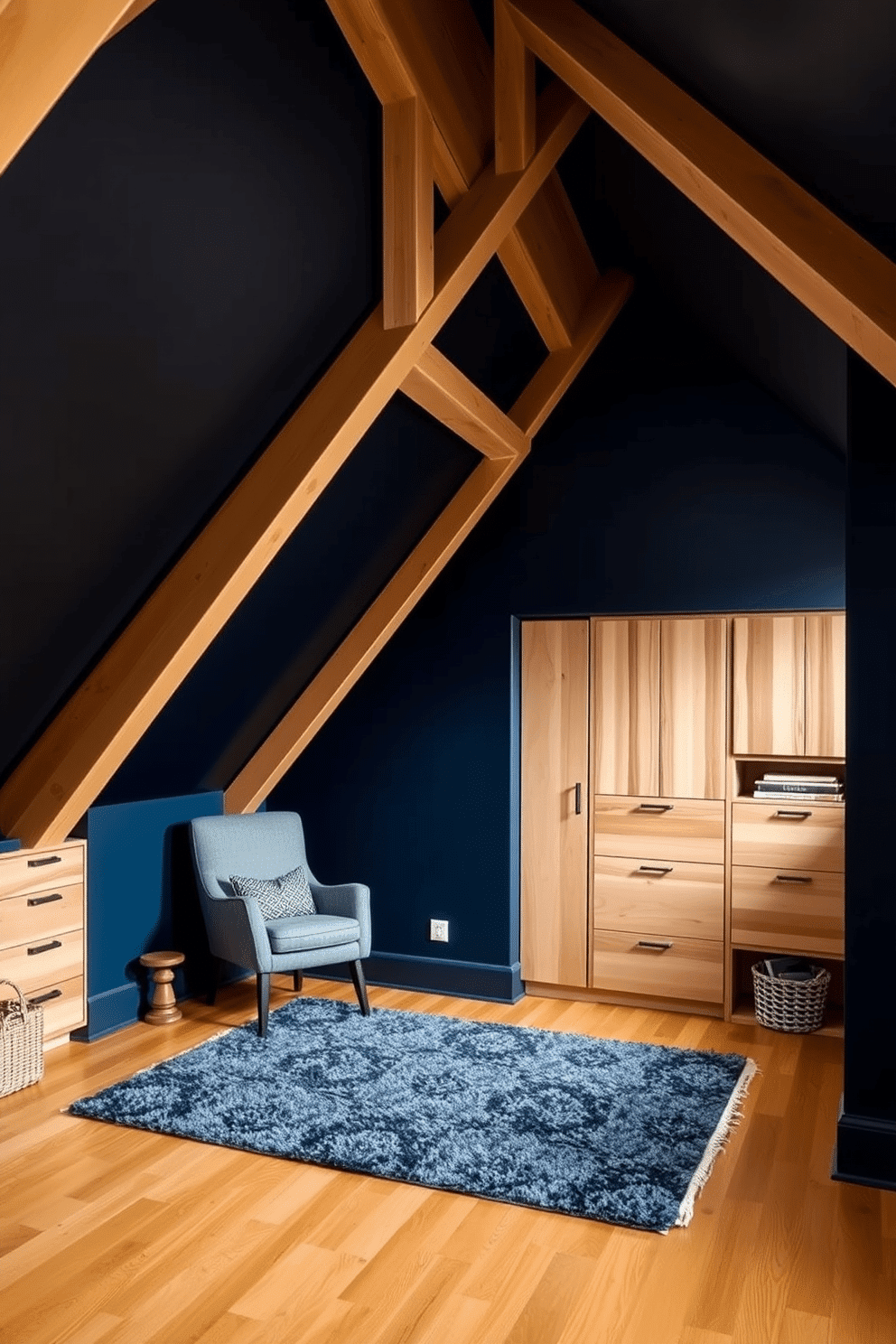 A cozy dark attic room features sloped ceilings with exposed wooden beams, creating a warm and inviting atmosphere. Clever hidden storage solutions are integrated under the eaves, utilizing built-in cabinets and drawers that blend seamlessly with the room's design. The walls are painted in a deep navy blue, contrasting beautifully with the light wood accents throughout the space. A plush area rug sits atop the hardwood floor, and a comfortable reading nook is nestled in one corner, complete with a stylish armchair and a small bookshelf.