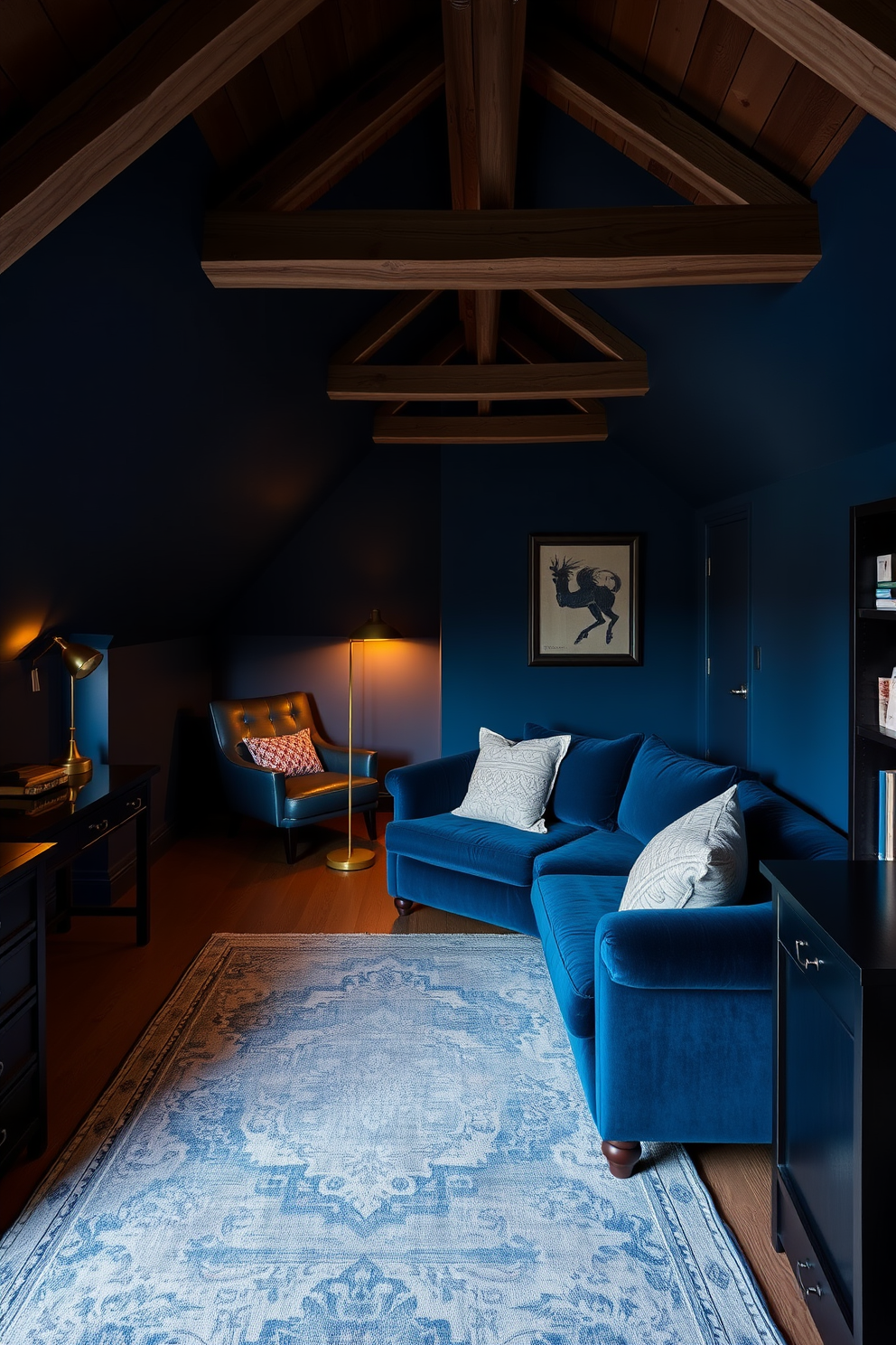 A moody attic room designed with deep blue walls that create an intimate and cozy atmosphere. The ceiling features exposed wooden beams, adding warmth and character to the space. A plush velvet sofa in a rich navy tone is positioned against one wall, complemented by a mix of textured throw pillows. A vintage area rug in shades of blue and gray anchors the seating area, enhancing the room's depth. In one corner, a stylish floor lamp with a brass finish casts a warm glow, illuminating a small reading nook with a comfortable armchair. Dark wood furniture pieces, including a sleek desk and a bookcase, provide functional storage while maintaining the room's sophisticated aesthetic.