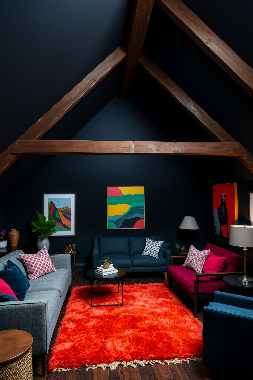 A dark attic room filled with rich, deep colors and textures. The walls are painted in a charcoal gray, creating a cozy, intimate atmosphere, while exposed wooden beams add character to the space. Bright artwork hangs prominently on the walls, featuring vibrant colors that pop against the dark backdrop. A plush area rug in bold hues anchors the seating area, complemented by modern furniture pieces that provide comfort and style.