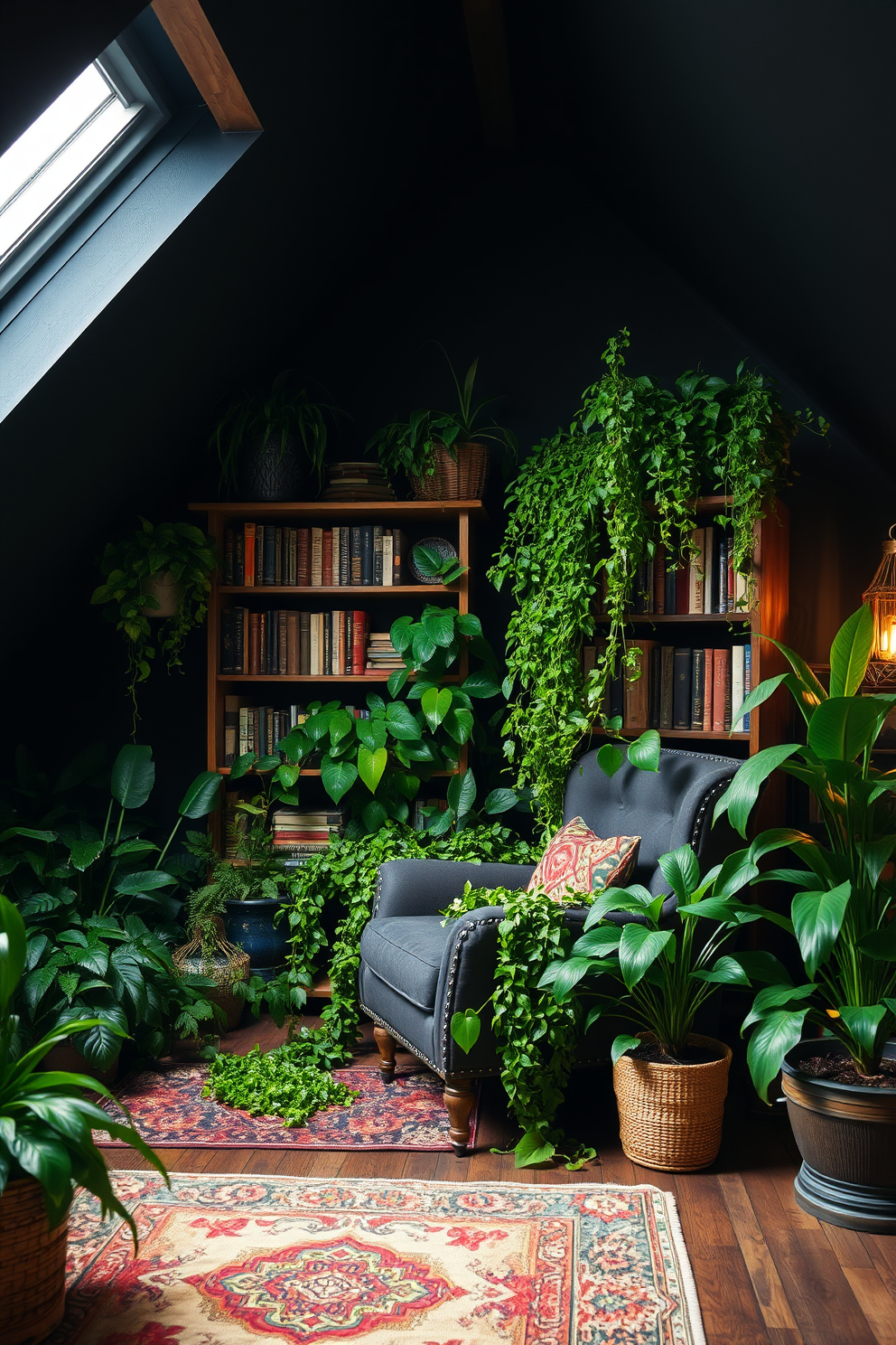 A dark attic room filled with lush, vibrant plants creates a striking contrast against the deep, moody walls. The space features a cozy reading nook with a plush armchair surrounded by cascading greenery and a rustic wooden bookshelf brimming with books. Soft, ambient lighting casts a warm glow, illuminating the rich textures of the room while highlighting the various shades of green from the plants. A vintage rug adds warmth to the wooden floor, tying the room together with a touch of comfort and style.