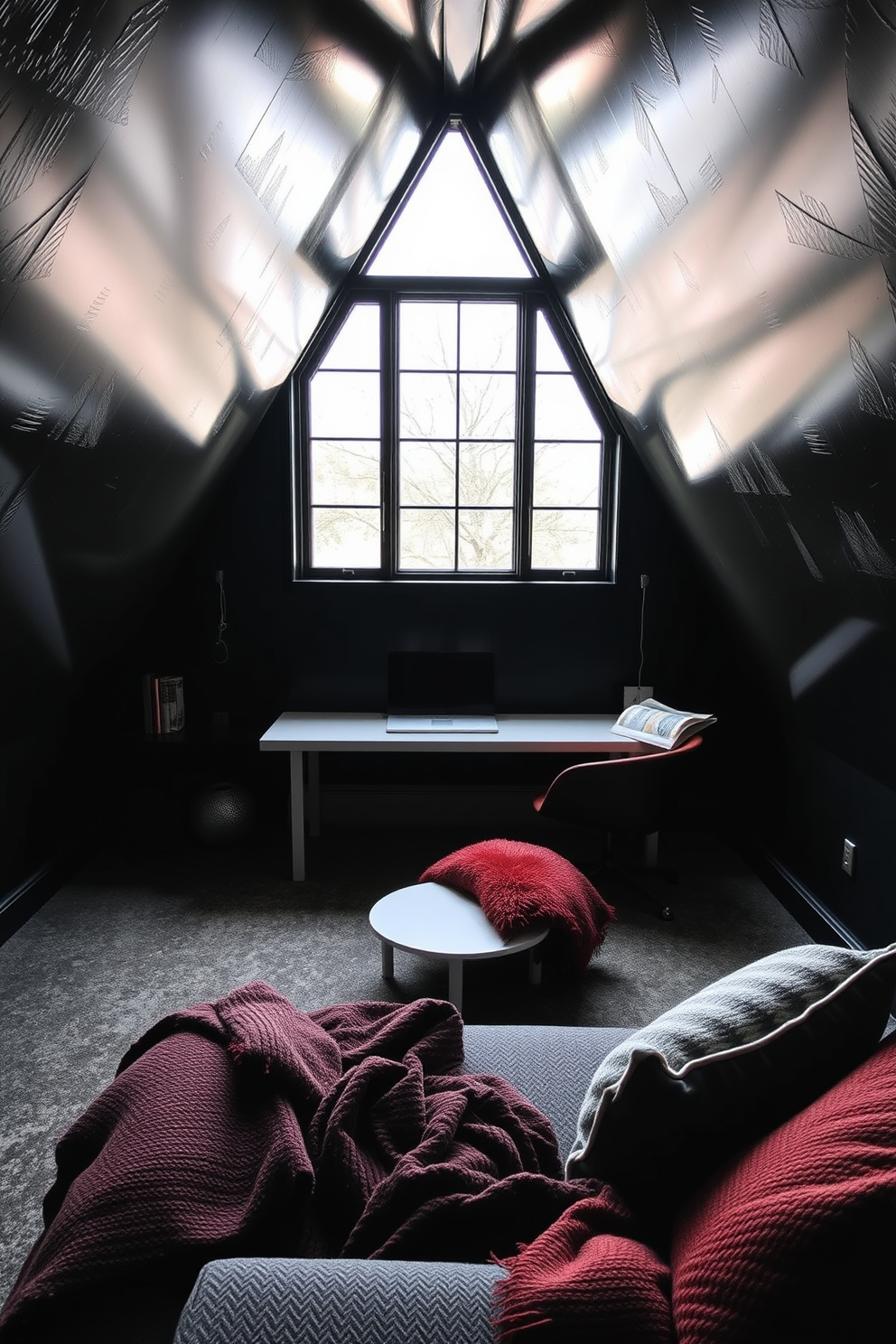 A dramatic attic room featuring dark-painted walls with a glossy finish that reflects light, enhancing the room's depth. The space is accented with sleek, modern furniture, including a minimalist desk and a plush reading nook, creating a cozy yet sophisticated atmosphere. Large windows with black frames allow natural light to pour in, contrasting beautifully with the dark hues. Soft, textured textiles in rich colors add warmth and comfort, making the attic a perfect retreat for relaxation and creativity.