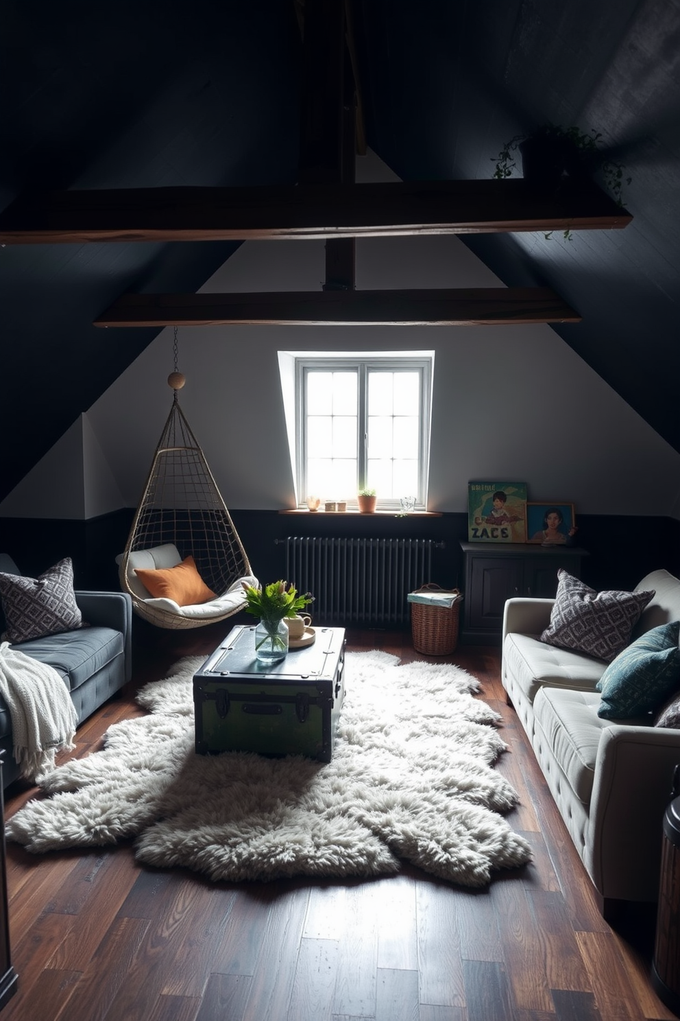 Cozy corner with a hanging chair. A plush, oversized rug anchors the space, while soft, ambient lighting creates a warm atmosphere. Dark attic room design ideas. Exposed wooden beams contrast with deep, moody paint colors, and a vintage trunk serves as a stylish coffee table amidst a collection of cozy seating options.