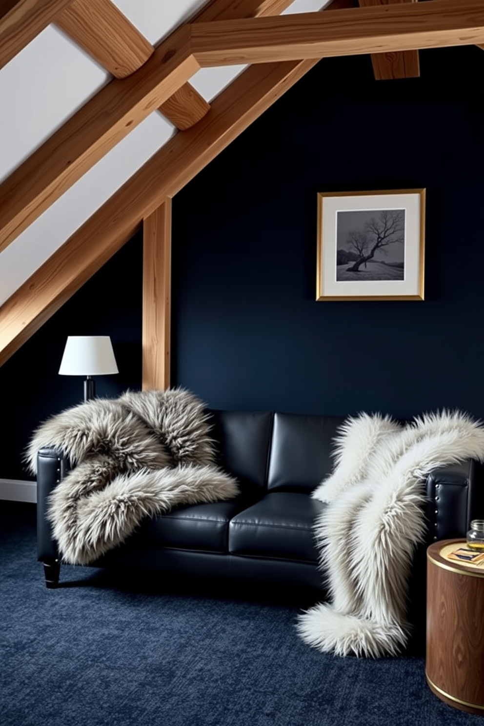 A dark attic room designed for comfort and luxury, featuring plush faux fur throws draped over a sleek, modern sofa. The walls are painted in deep navy, while exposed wooden beams add character and warmth to the space.