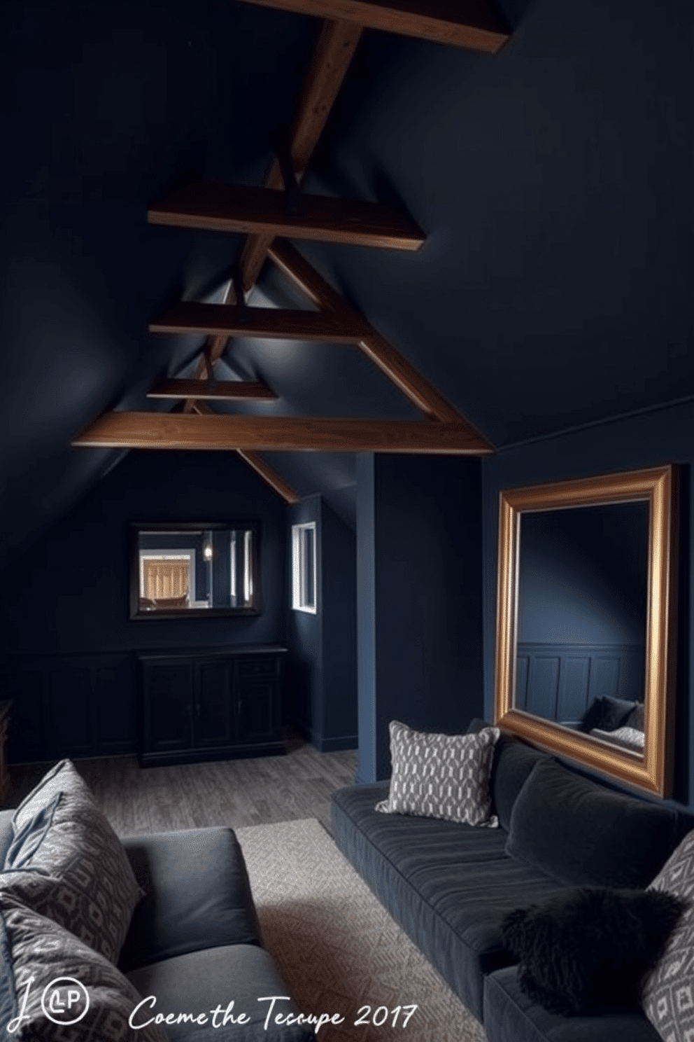 A dark attic room designed for creativity and relaxation features a sloped ceiling with exposed wooden beams. Large, strategically placed mirrors reflect light, making the space feel more open while showcasing the unique architectural details. The color palette consists of deep blues and grays, complemented by warm wood accents. Cozy seating areas with plush cushions invite lounging, while ambient lighting creates a warm and inviting atmosphere.