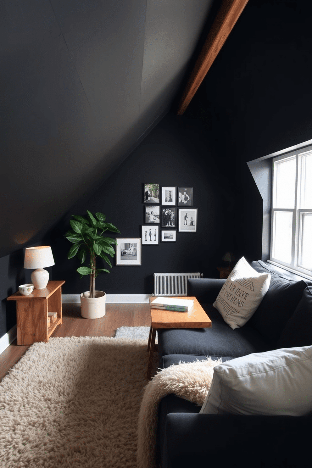 A cozy attic room with sloped ceilings and exposed wooden beams, featuring dark painted walls that create an intimate atmosphere. Soft, neutral accents like a plush beige area rug and light-colored throw pillows on a deep charcoal sofa balance the dark tones, enhancing the room's warmth. In one corner, a small writing desk made of reclaimed wood sits beneath a window, adorned with a simple ceramic lamp and a few books. A gallery wall of black-and-white photographs adds character, while a large potted plant in a light pot brings a touch of nature into the space.