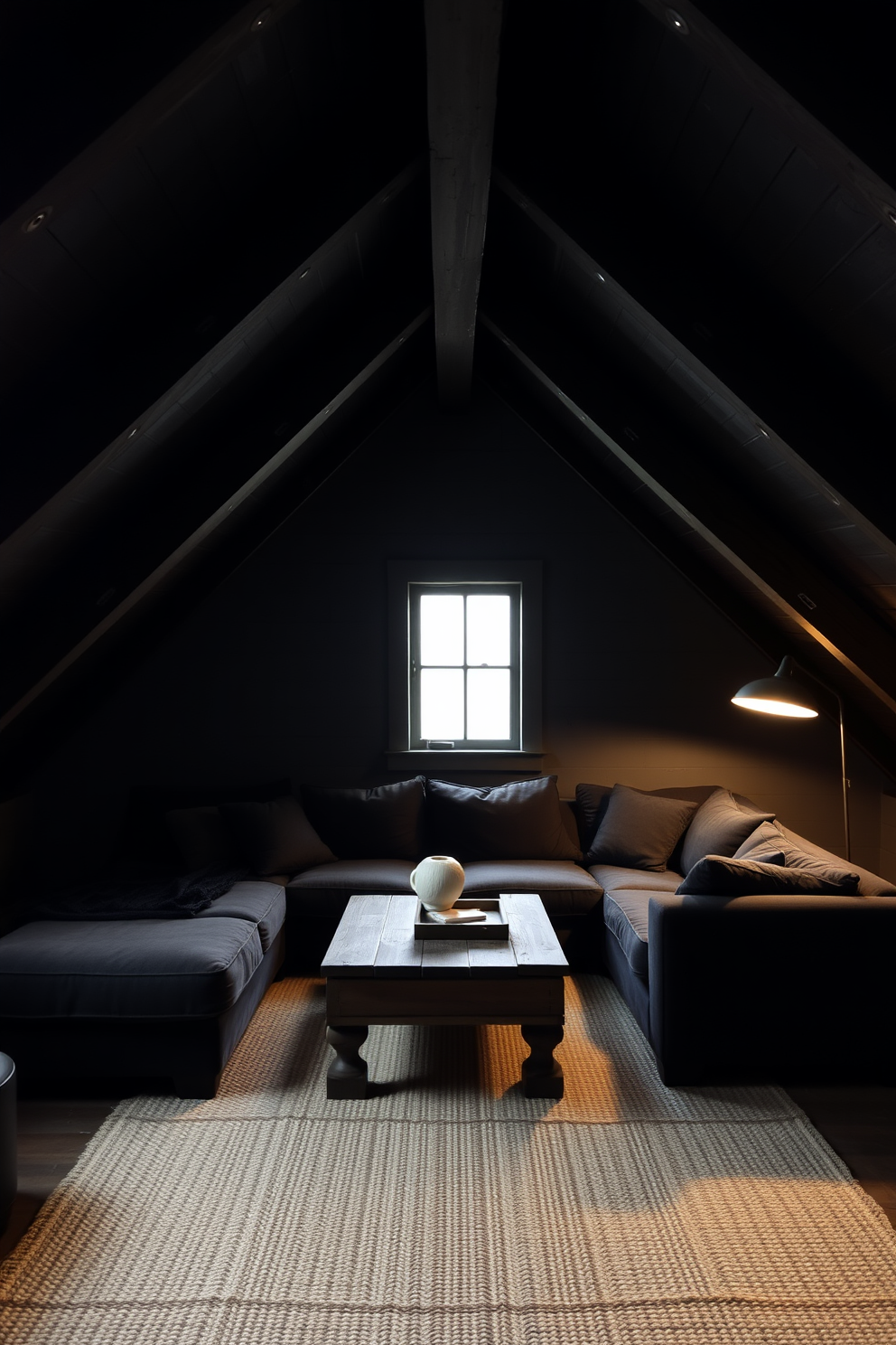 A dark attic room with sloped ceilings and exposed wooden beams creates a cozy retreat. Soft, warm lighting from strategically placed sconces and a vintage floor lamp enhances the inviting atmosphere. The walls are painted in a deep charcoal gray, complemented by plush, dark furnishings. A large, comfortable sectional sofa faces a rustic coffee table, while a woven area rug adds texture to the space.