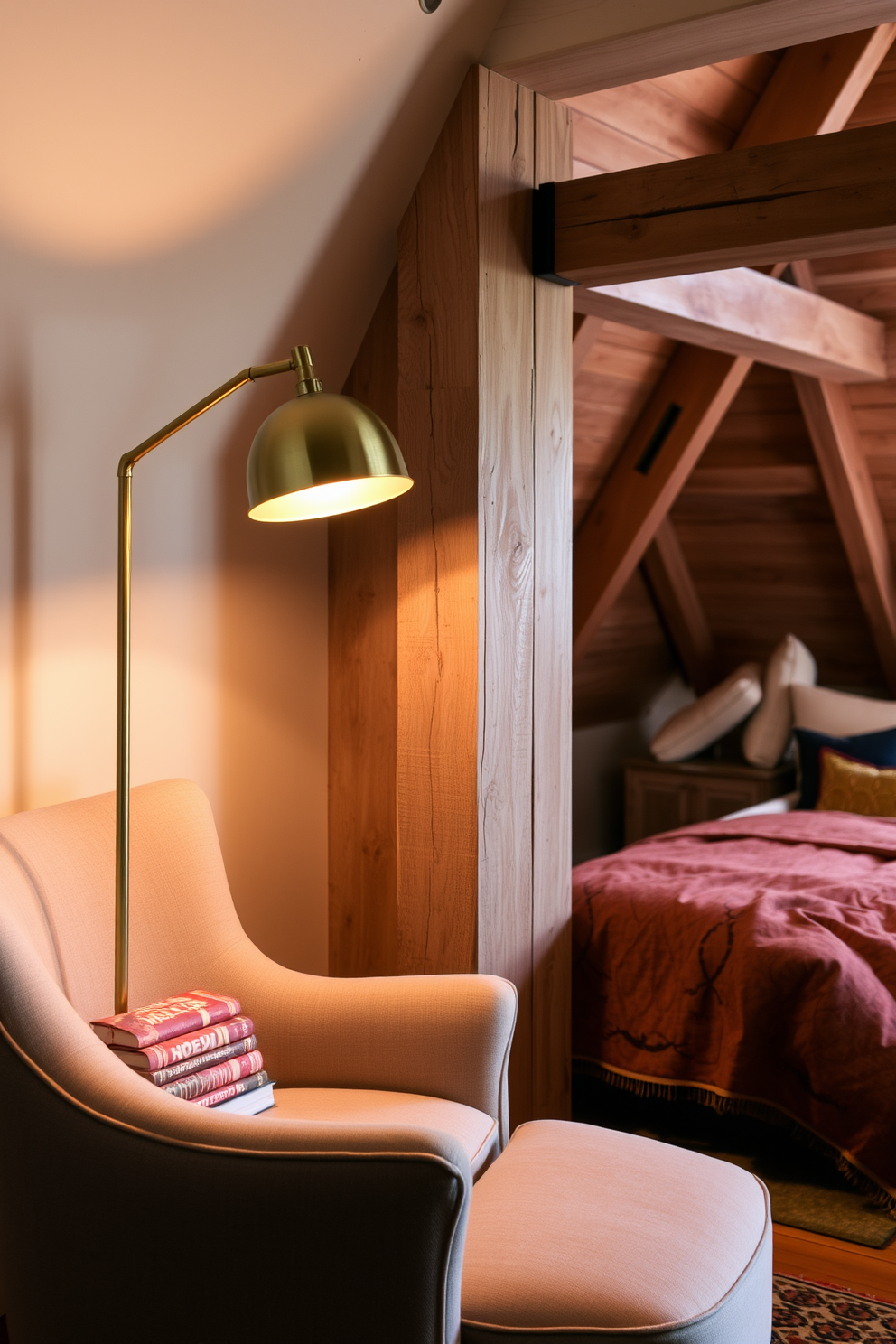 A cozy reading nook features a sleek floor lamp with a brushed brass finish, providing warm light for evening reading. The lamp stands next to a plush armchair upholstered in a soft, muted fabric, complemented by a small side table holding a stack of books. The attic room is designed with exposed wooden beams and soft, ambient lighting that highlights the sloped ceilings. A mix of vintage and modern furnishings creates an inviting atmosphere, with a comfortable bed adorned in rich textiles and a cozy seating area with oversized cushions.