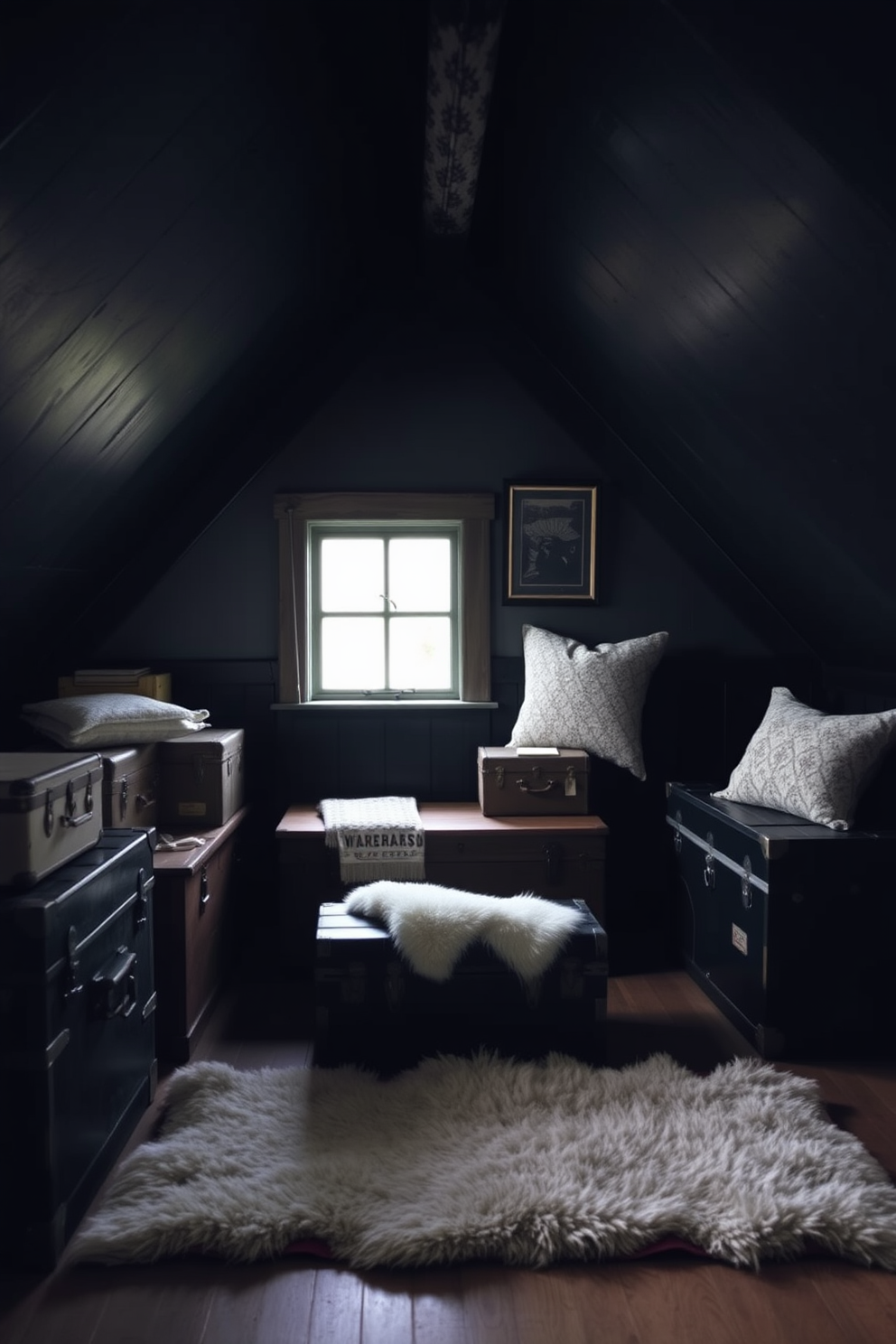 A cozy dark attic room filled with character, featuring vintage trunks used as stylish storage solutions. The walls are painted in a deep charcoal hue, complemented by exposed wooden beams and a plush area rug that adds warmth to the space.