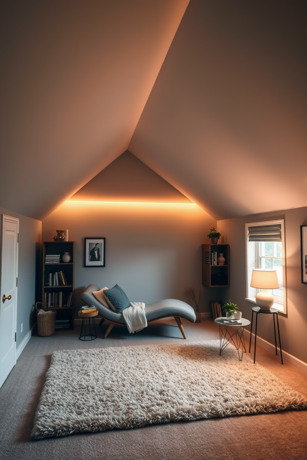 A cozy attic room with a sloped ceiling, featuring soft ambient lighting that creates a warm and inviting atmosphere. The walls are painted in a light gray hue, and the floor is adorned with a plush, neutral-toned area rug. A comfortable seating area includes a modern chaise lounge and a small side table, perfect for reading or relaxation. Decorative shelves line the walls, showcasing books and personal mementos, while a large window allows natural light to filter in, enhancing the serene ambiance.