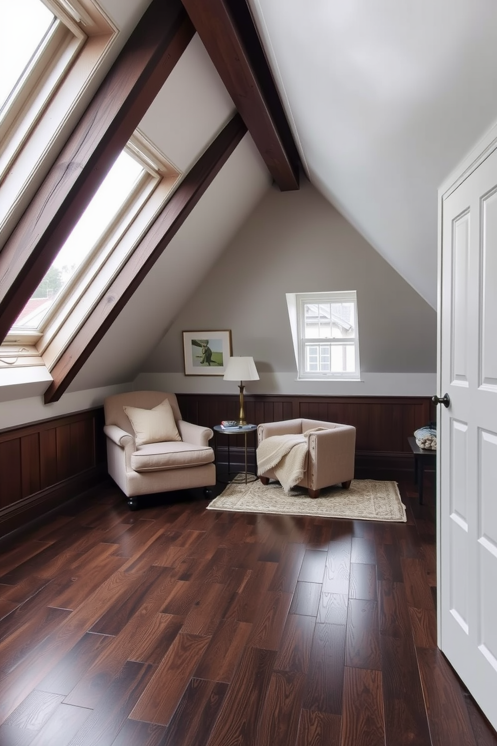 A cozy attic room featuring dark-stained wood flooring that exudes elegance and warmth. The sloped ceiling is adorned with exposed beams, and large skylights allow natural light to flood the space, enhancing the rich tones of the wood. In one corner, a plush reading nook is created with a deep armchair and a small side table, perfect for relaxation. Soft, layered textiles in neutral colors complement the dark flooring, while a geometric rug adds a modern touch to the overall design.