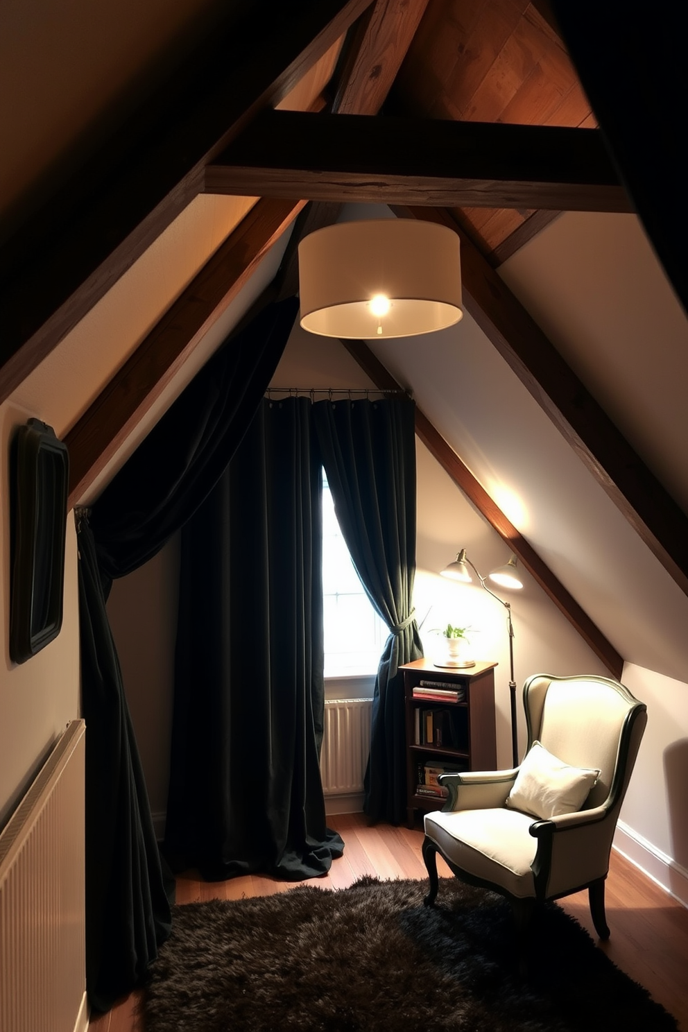 A cozy attic room adorned with dark velvet curtains that add warmth and elegance to the space. The room features exposed wooden beams, a plush area rug, and a comfortable reading nook with a vintage armchair and a small bookshelf. The walls are painted in a soft, neutral tone to balance the richness of the curtains. Ambient lighting fixtures, such as a stylish floor lamp and wall sconces, create a welcoming atmosphere perfect for relaxation.