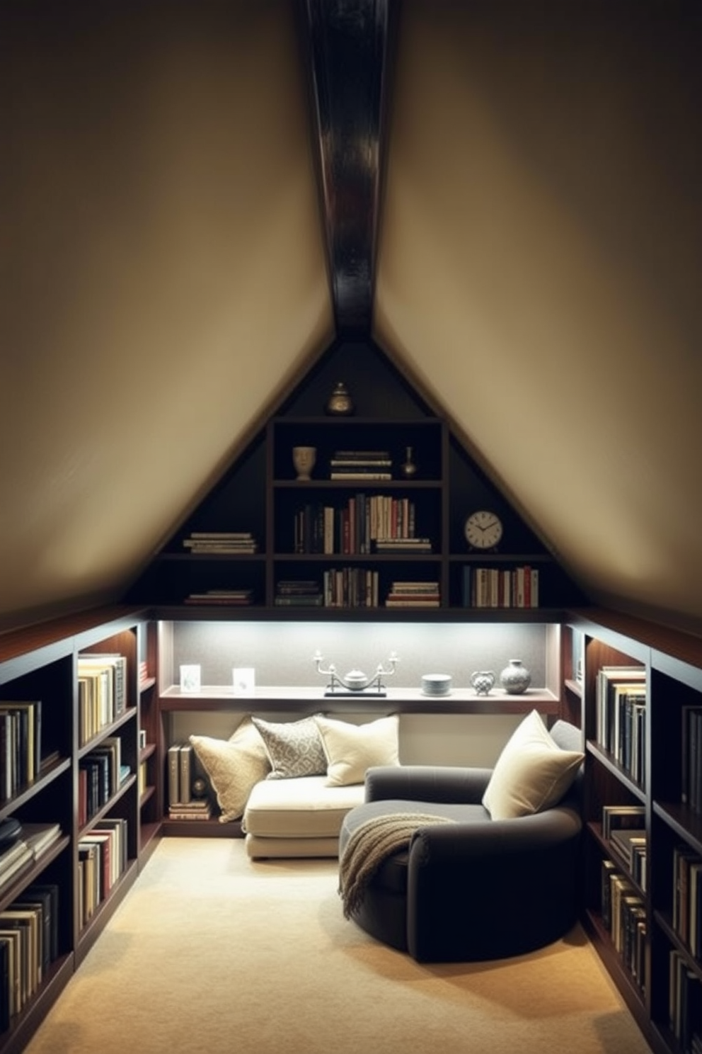 A cozy attic room featuring built-in bookshelves with a dark finish that stretch from floor to ceiling, showcasing a curated collection of books and decorative items. The room is illuminated by soft, warm lighting, creating an inviting atmosphere, with a plush reading nook nestled beneath the sloped ceiling.