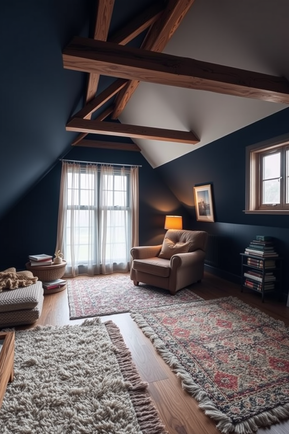 A cozy dark attic room features layered rugs in varying textures, adding warmth and comfort to the space. The walls are painted in deep navy, complemented by exposed wooden beams that enhance the room's rustic charm. In one corner, a plush, oversized armchair invites relaxation, while a small side table holds a stack of books and a warm lamp. A large window with sheer curtains allows soft, diffused light to filter in, creating an inviting atmosphere.