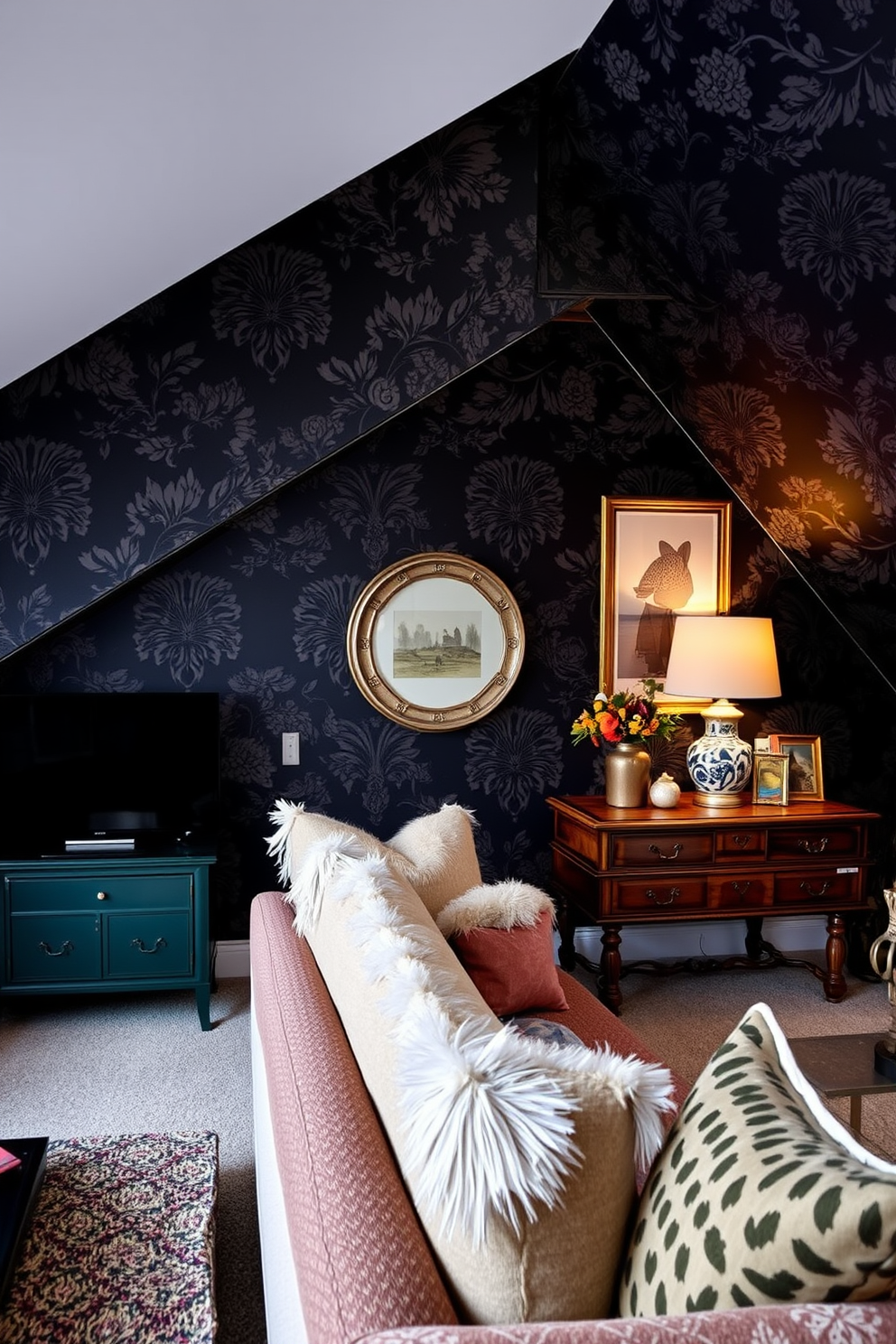 Accent wall with dark wallpaper patterns. The wall features intricate floral designs in deep hues, creating a dramatic focal point in the room. Dark attic room design ideas. The space is transformed with cozy, low lighting, plush furnishings, and a mix of vintage and modern decor elements that enhance its unique architecture.