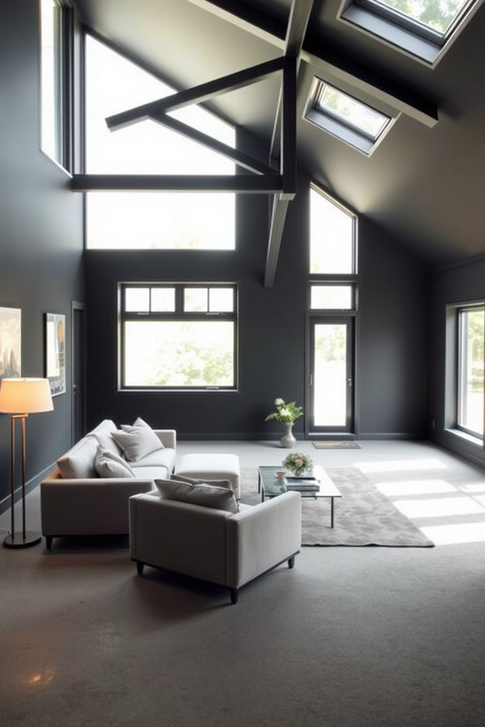 A spacious dark attic room features low-profile furniture that enhances the open feel of the space. The walls are painted in a deep charcoal color, while large windows allow natural light to flood in, highlighting the minimalist design. The room includes a sleek, low-slung sofa with a neutral fabric, paired with a glass coffee table that maintains an airy atmosphere. Soft, ambient lighting from stylish floor lamps creates a cozy yet modern vibe, perfect for relaxation or entertaining.